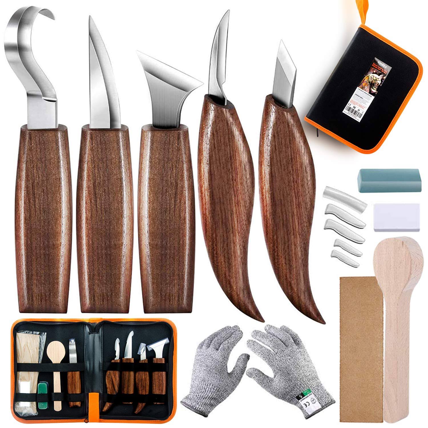 Whittling Knife, Wood Carving Tools 5 in 1 Knife Set- Includes Sloyd Knife, Chip Carving Knife, Hook Knife, Oblique Knife, Trimming Knife Sharpener