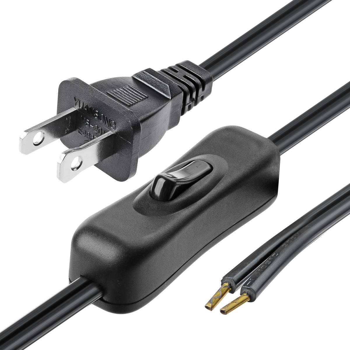 Lamp Cord Has Button Switch UL304 2A/120V,Plug,Stripped Ends Ready for Wiring 18 AWG SPT-2, Black (6ft)