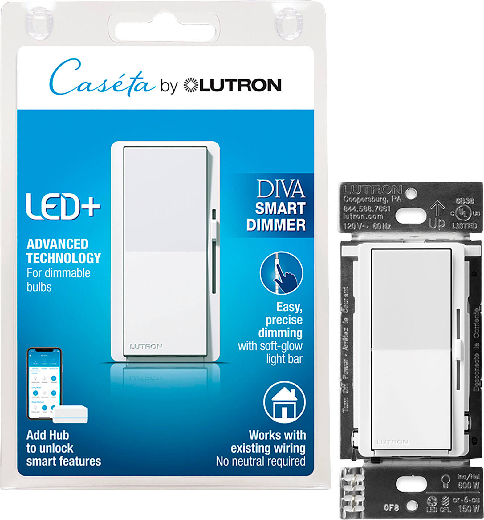 Lutron- Diva Smart Dimmer Switch for Caseta Smart Lighting- White