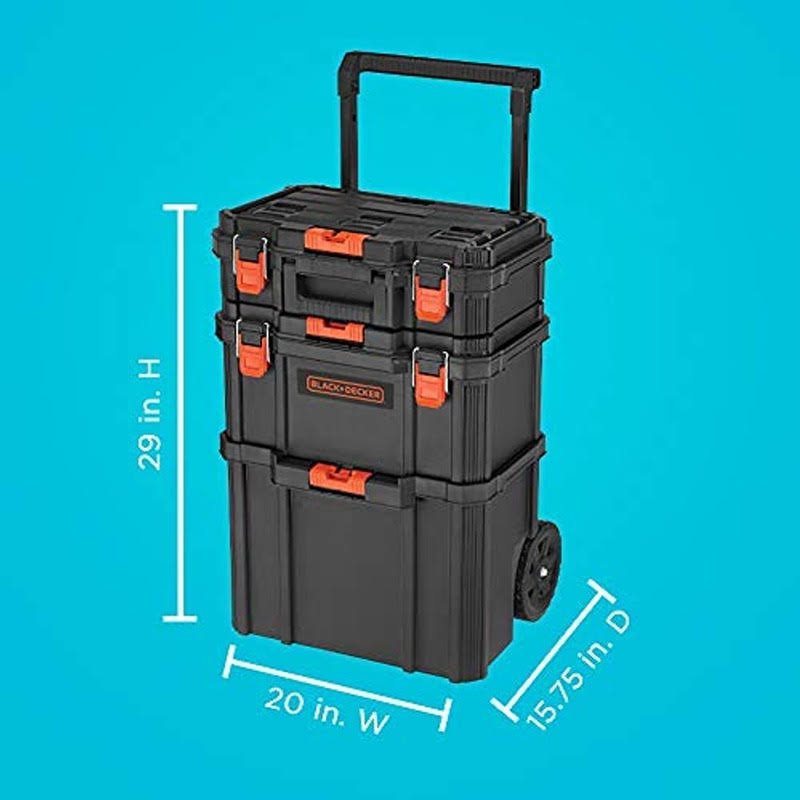 Black+decker BDST60500APB Stackable Storage System- 3 Piece Set (Small, Deep Toolbox, and Rolling Tote)