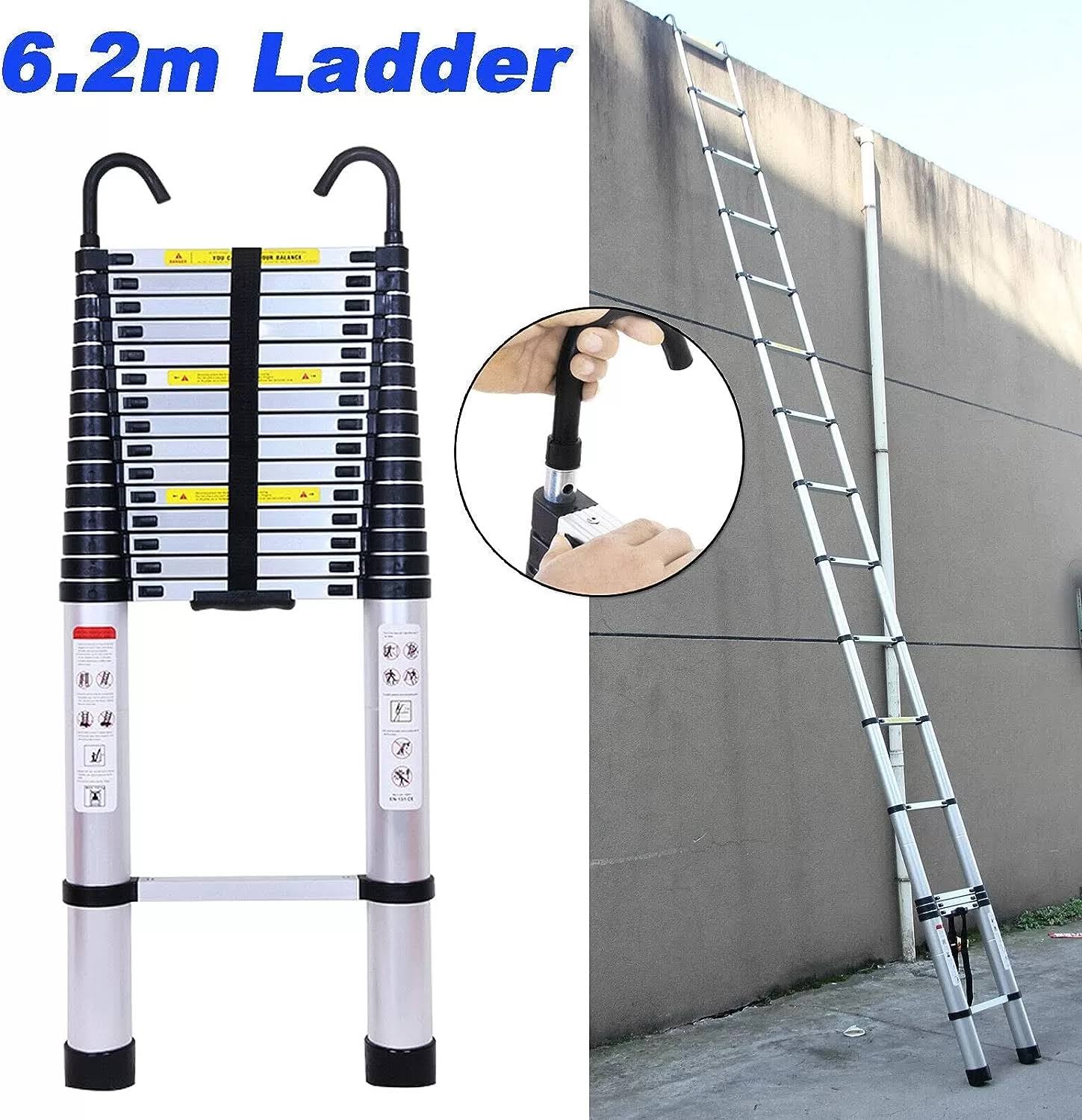Telescoping Ladder 20ft Extension Ladder with 2 Detachable Hooks Aluminum Telescopic Ladder Collapsible Ladder Fully Extended 244