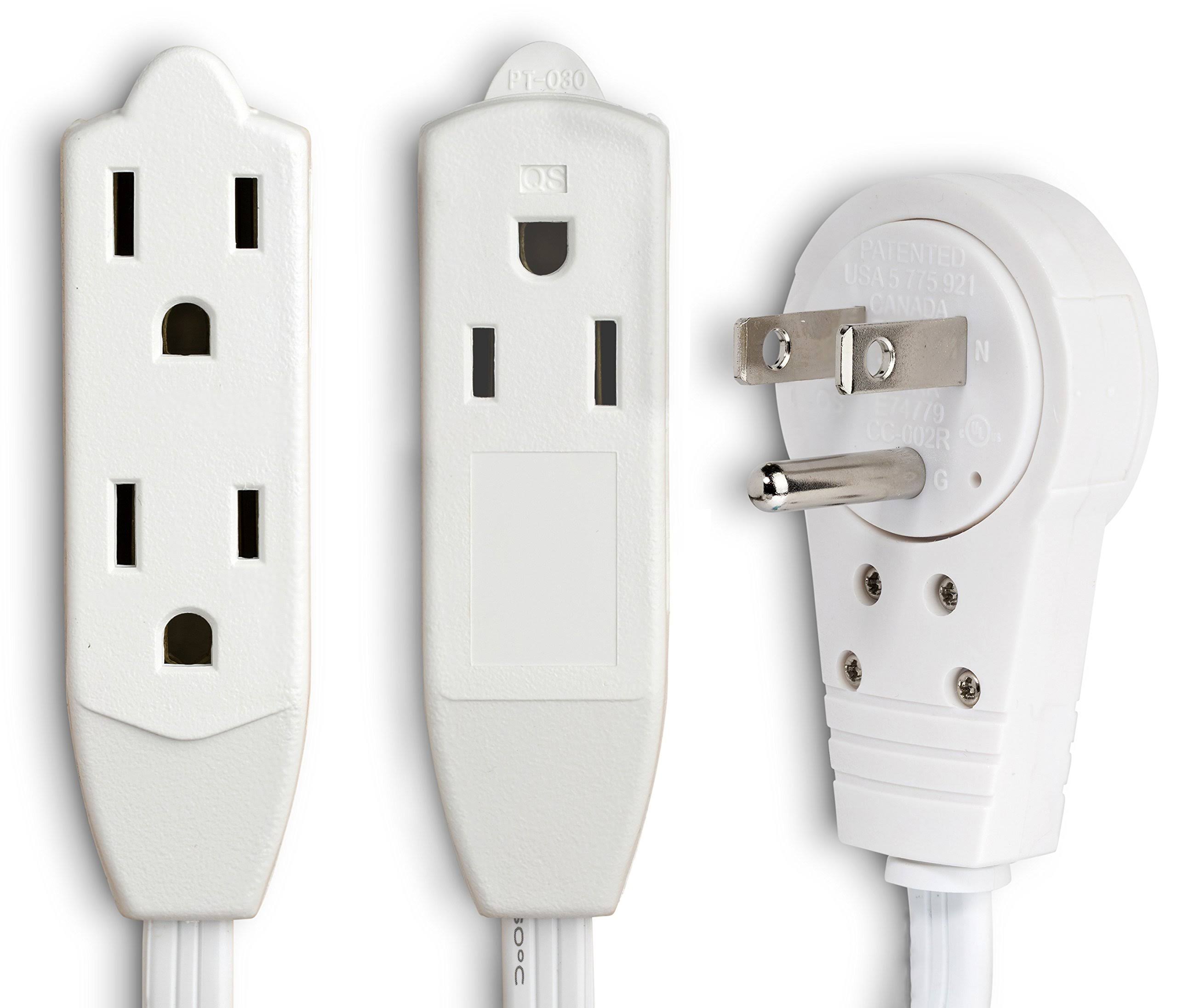 Maximm Cable 1 ft 360 Rotating Flat Plug Extension Cord/Wire, 16 AWG 12 inch Multi 3 Outlet Extension Wire, 3 Prong Grounded Wire- White- UL Listed