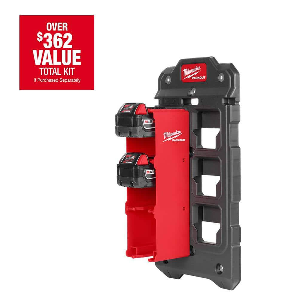 Milwaukee M18 18-Volt Lithium-Ion XC Extended Capacity 5.0 Ah Battery (2-Pack) + PACKOUT Mounting Plate & M18 Battery Holder