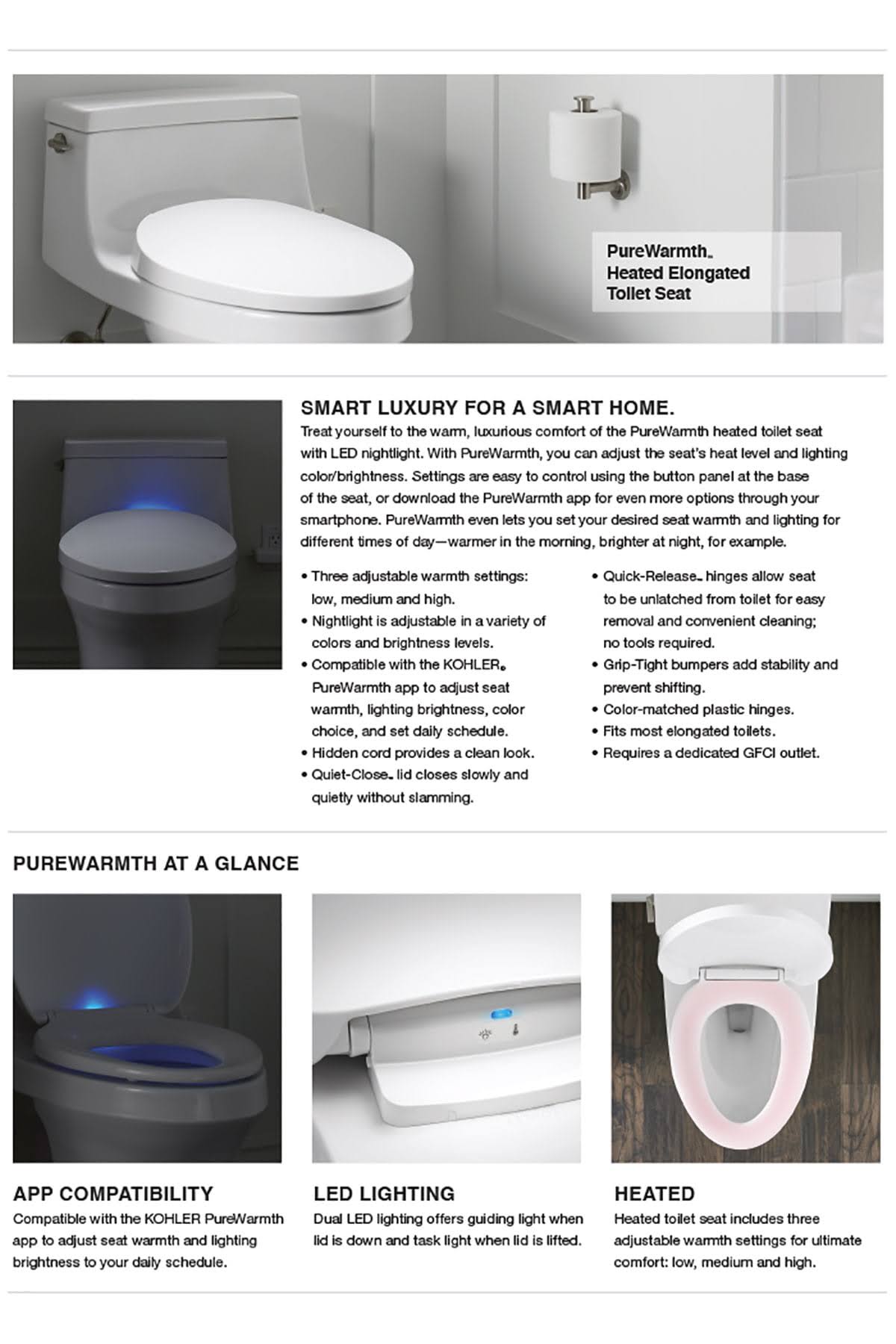 Kohler K-10349-0 PureWarmth Elongated Heated Toilet Seat- White