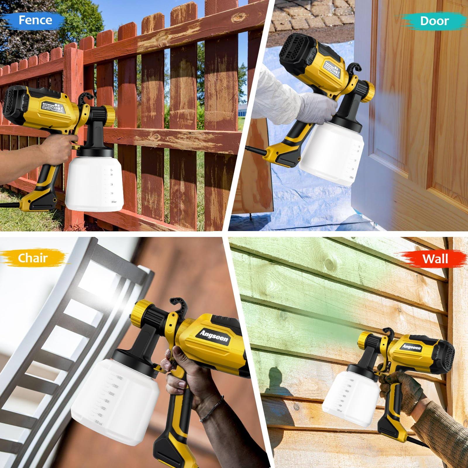 Angseen Paint Sprayer, HVLP Electric Paint Sprayer with 1400ml Container, 4 Copper Nozzles, 3 Spray Patterns for Home Interior and Exterior, House SPA8001