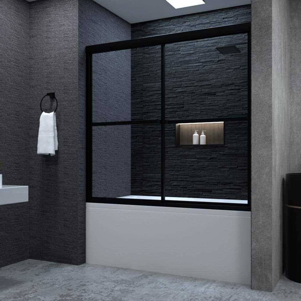 niveal Alvin 59 in. W x 56 in. H Sliding Framed Tub Door in Matte Black Finish