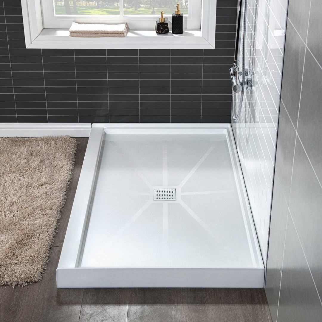 Woodbridge Krasik 48 in. L x 32 in. W Alcove Solid Surface Shower Pan Base with Center Drain in White with Chrome Cover, White with Chrome Drain Cover