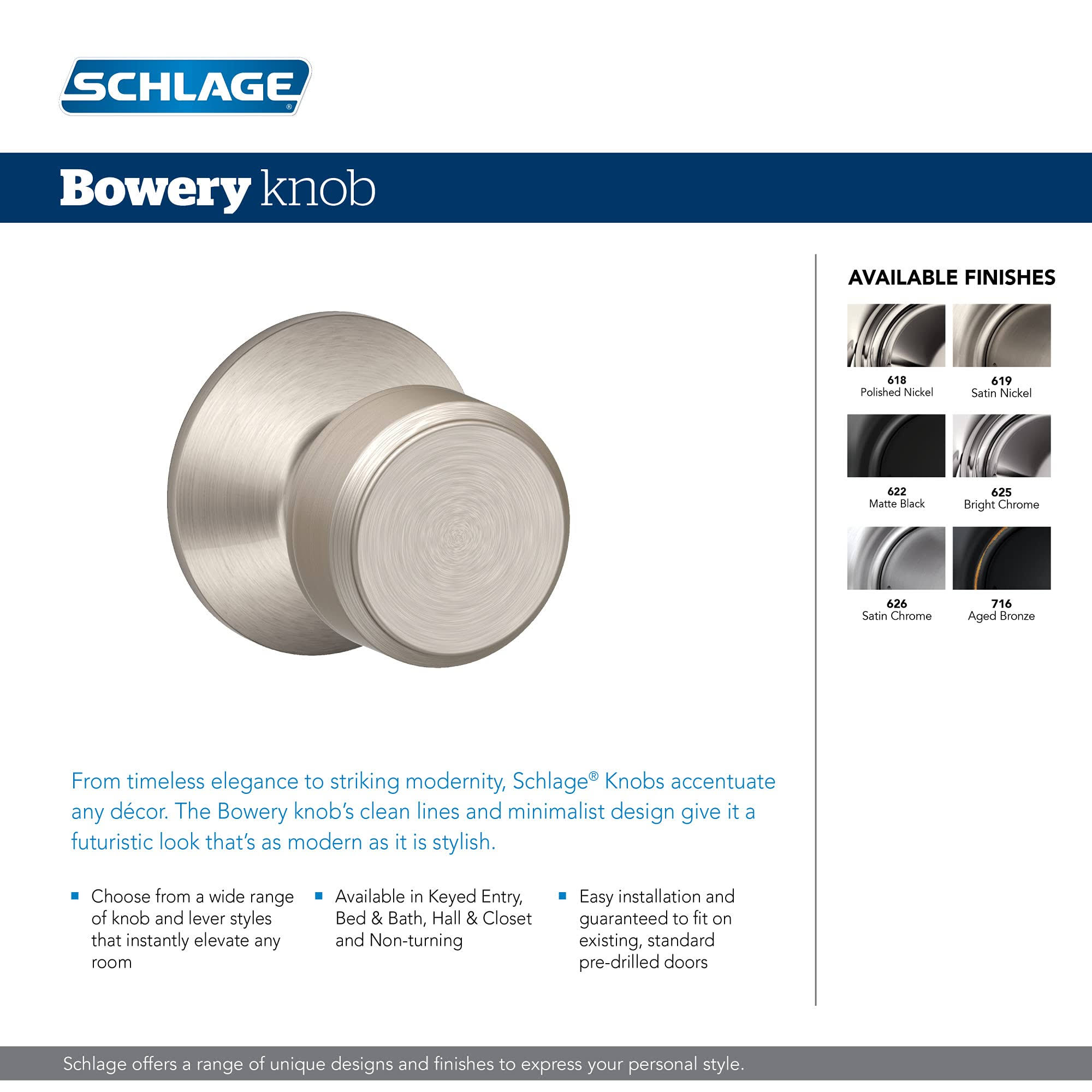 Schlage Bowery Aged Bronze Passage Hall/Closet Door Knob