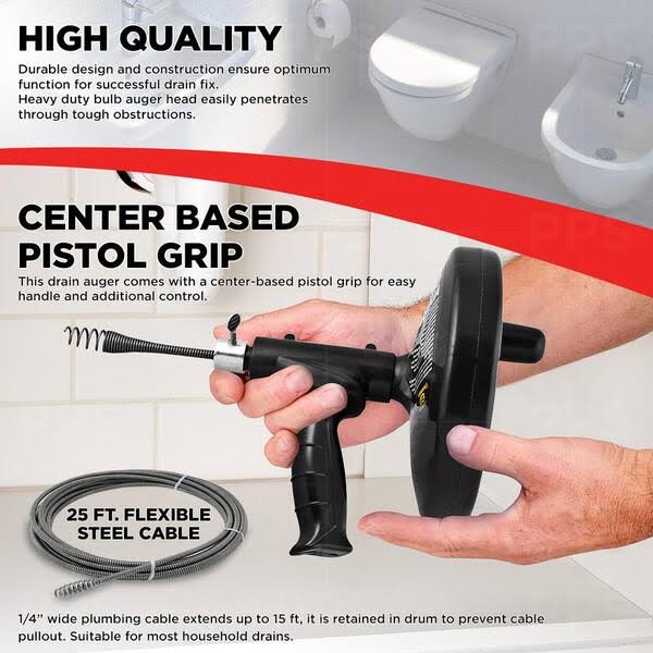 25 ft. Drum Auger Steel Plumbing Drain Snake with Drain Cleaning Cable