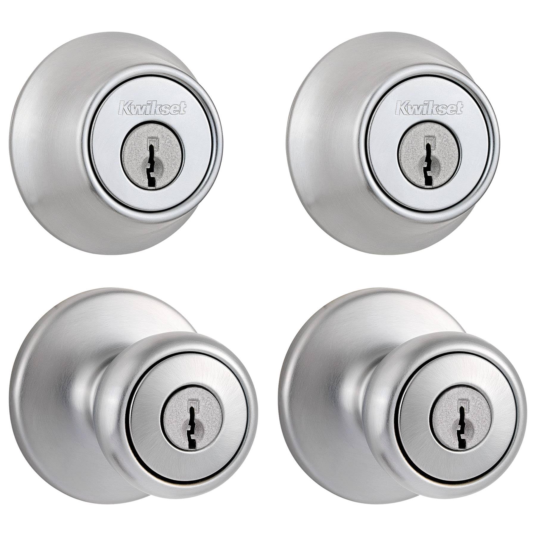 Tylo Satin Chrome Exterior Door Entry Knob and Single Cylinder Deadbolt Kwikset