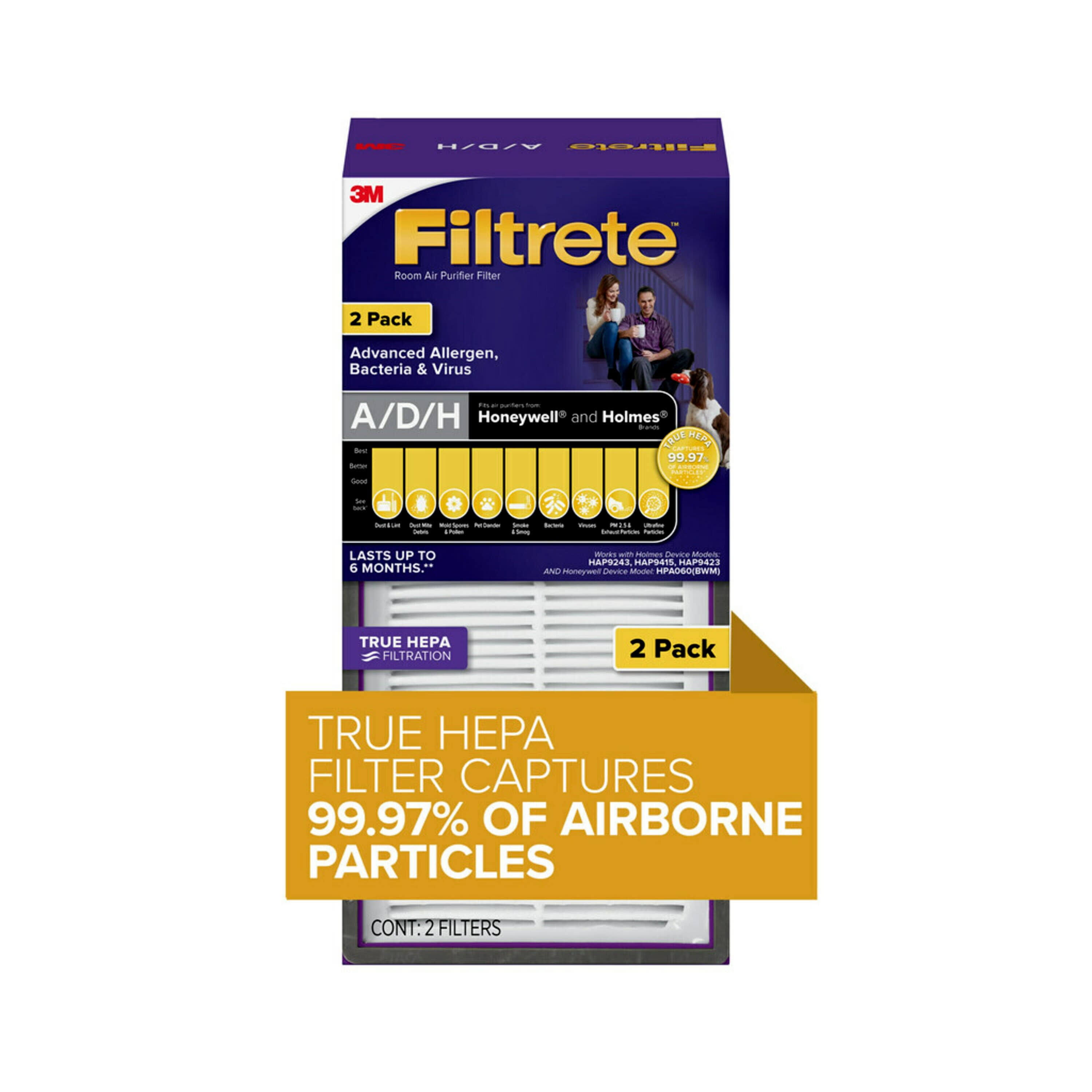 Filtrete Allergen, Bacteria & Virus True HEPA Room Air Purifier Filter, replaces Size A/d/h Filters, 2 Pack