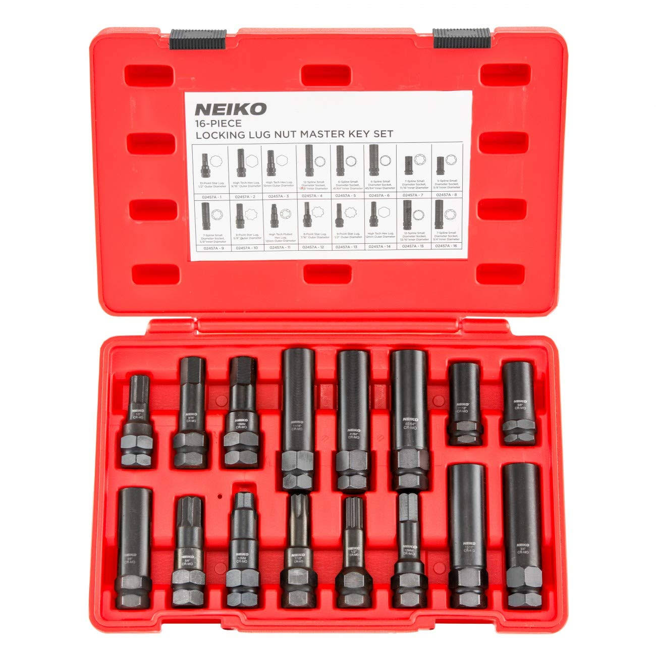 Neiko 02457A Lug-Nut Key Set, Wheel-Lock Removal Tool Kit for Aftermarket and Factory Wheel Tire Keys, SAE and Metric Lug Sockets, 16 Pieces