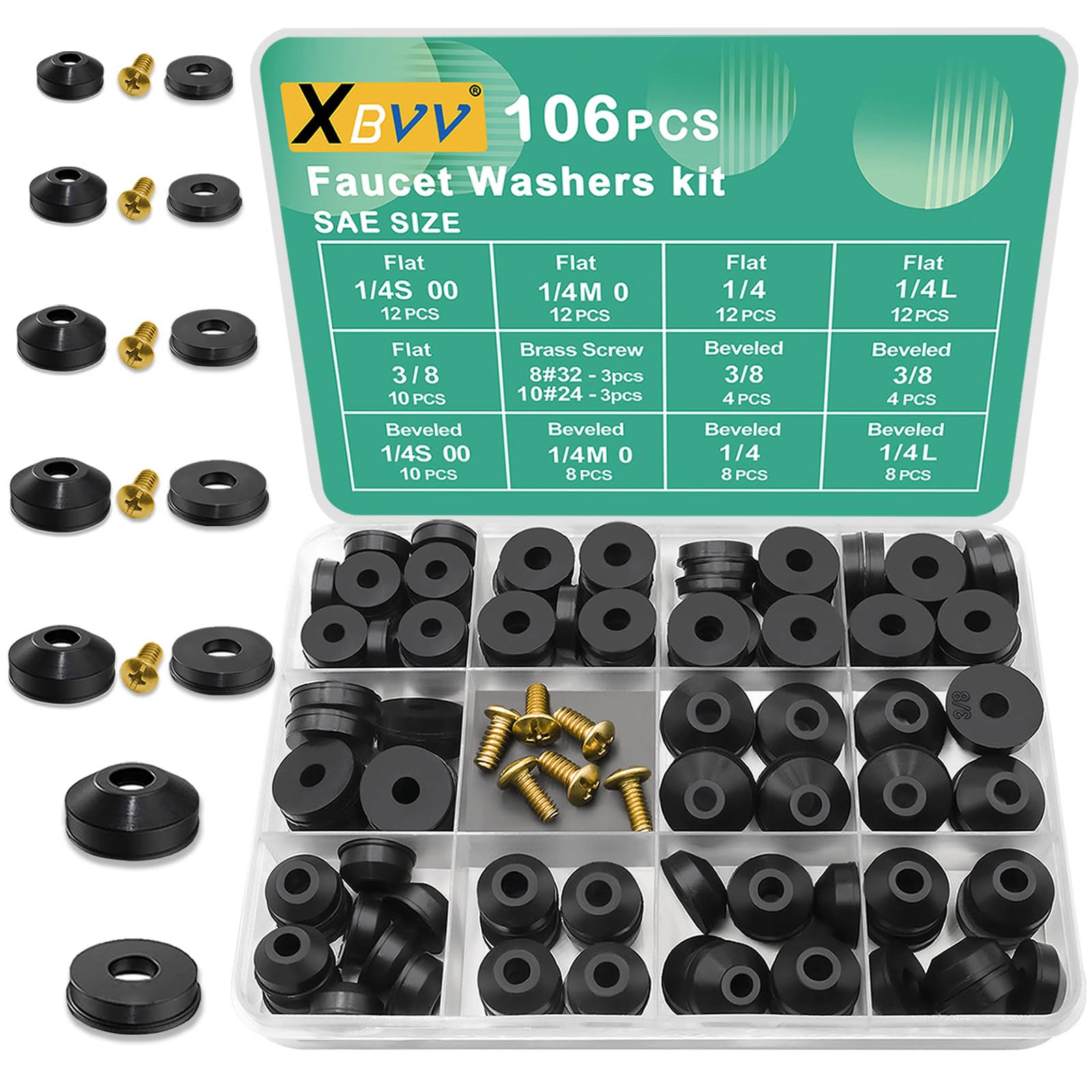 XBVV 106 Pcs Faucet Washer Assortment Kit with Assorted Flat and Beveled Rubber Washers for Outdoor Garden Faucet Stem Leak Worn Replacement Repair