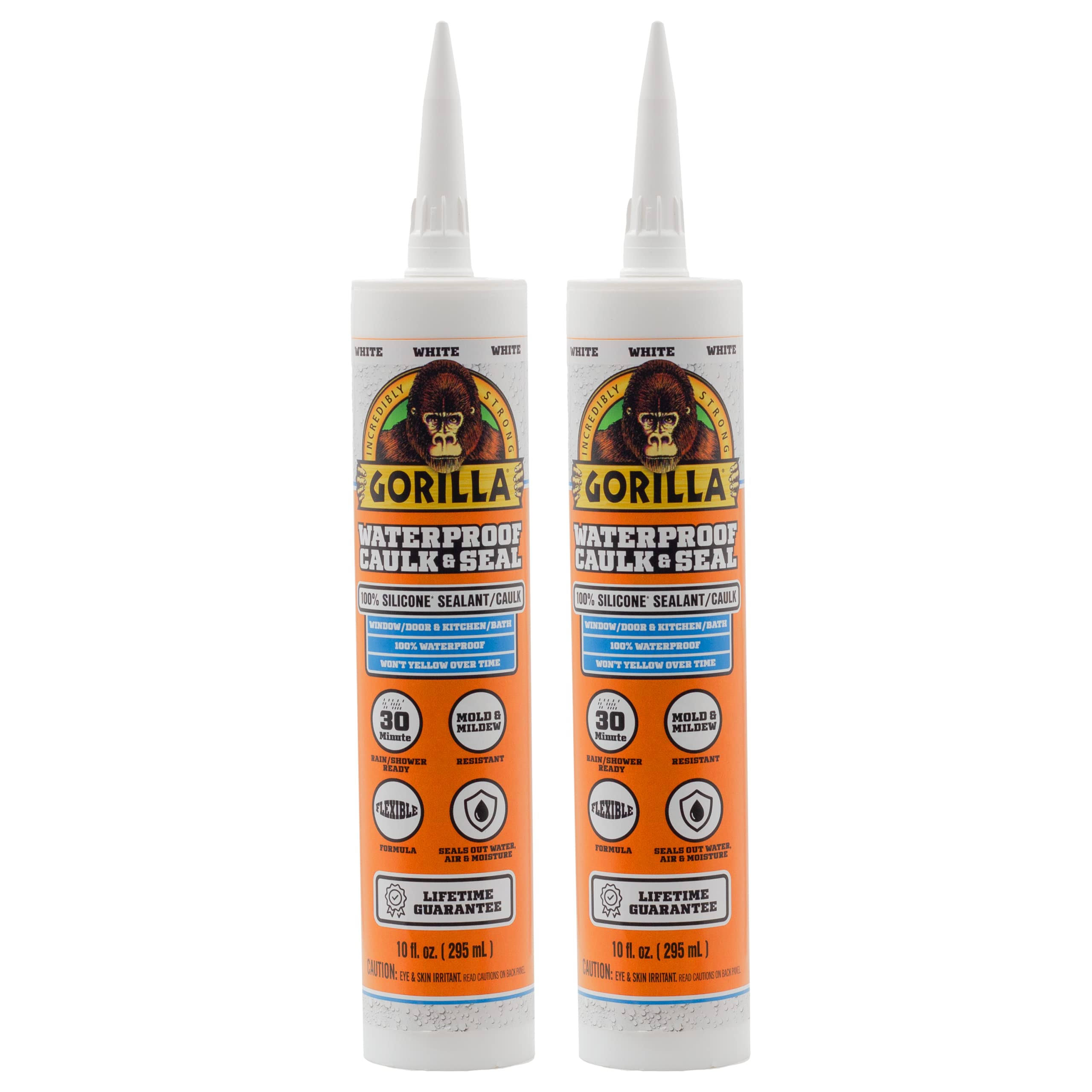Gorilla Waterproof Caulk & Seal 100% Silicone Sealant, 10oz Cartridge, White (Pack of 2)