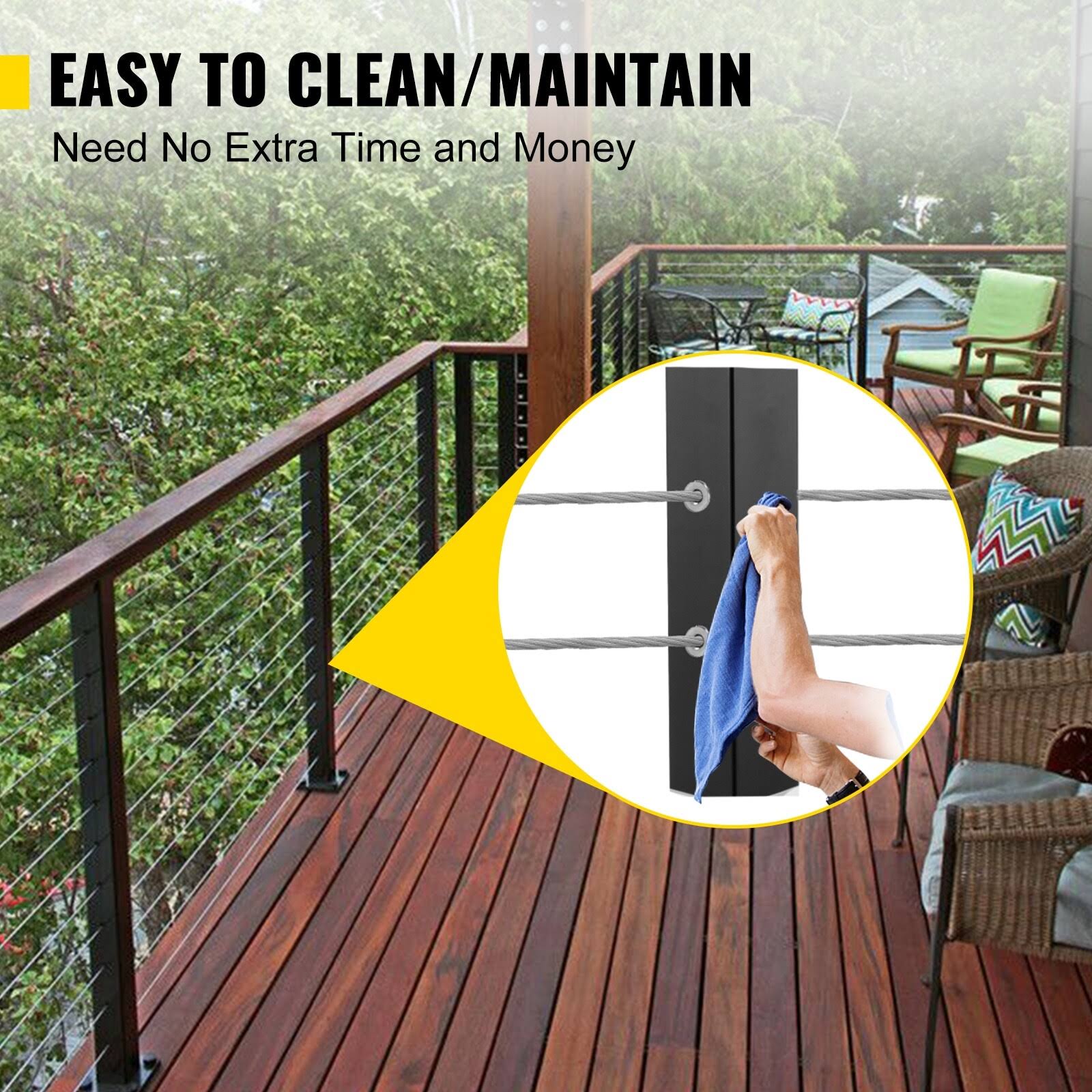 VEVOR Stainless Stair Handrail 36 in. x 1.5 in. x 1.5 in. Cable Railing Post Without Hole Deck Railing with Mount Bracket