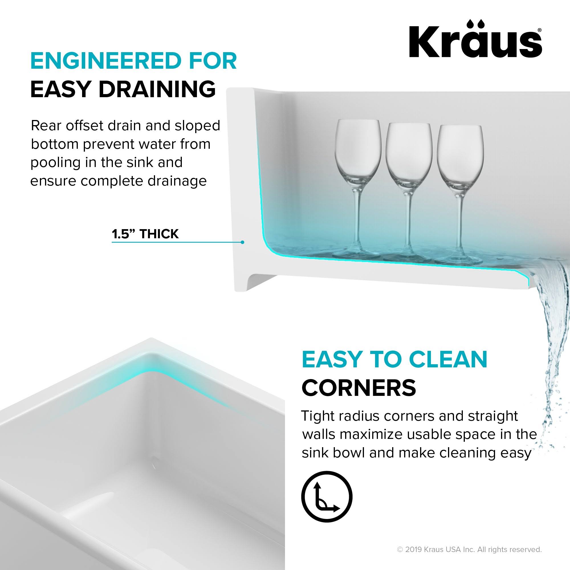 Kraus KFR1-33GWH Turino 33 inch Fireclay Farmhouse Reversible Apron Front Single Bowl Kitchen Sink in Gloss White
