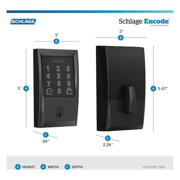 Schlage Century Matte Black Encode Smart Wi-Fi Deadbolt with Alarm and Entry Door Handle with Latitude Handle and Century Trim 204003