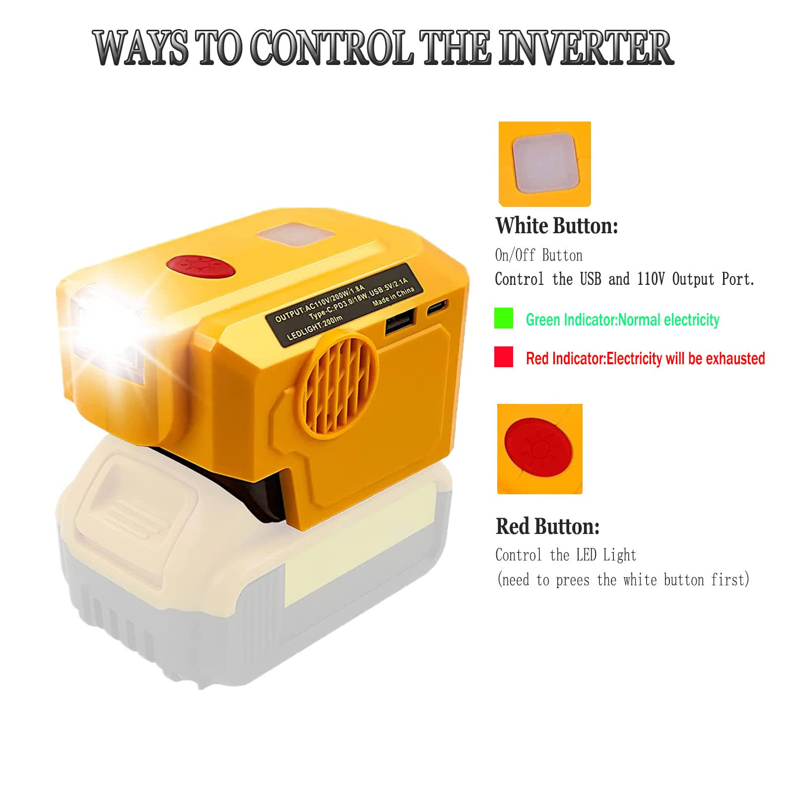 200W for DeWalt Power Inverter, for DeWalt 20V Battery Adapter Charger, with 110V AC Outlet &usb Port&Type-C Port& LED Light Portable Power Source