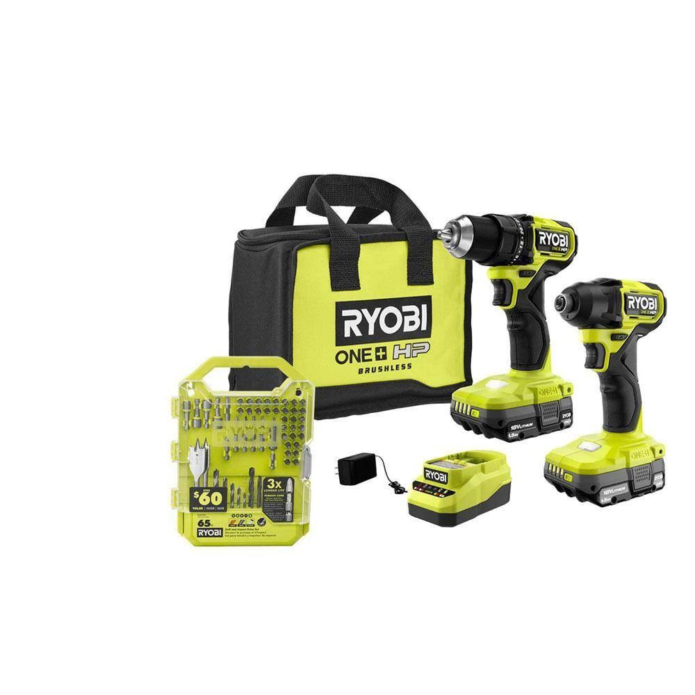 Ryobi PSBCK01K-A986501 One+ HP 18V Brushless Cordless Compact 2-Tool Combo Kit w/Drill, Impact Driver, Batteries, Charger, Bag, & 65pc Bit Set