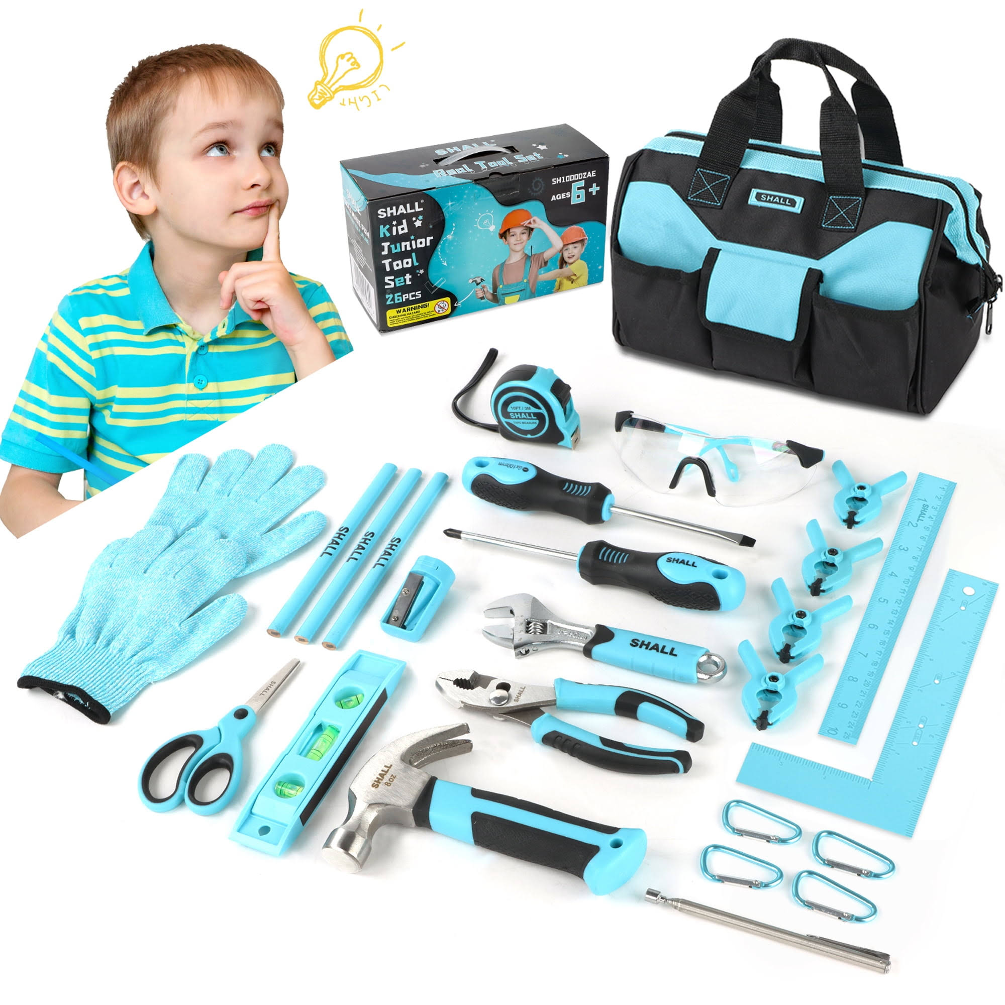 Shall 26-Piece Kids Size Tool Set, Real Tools Kit for Kids with 12 inch Tool Bag, Safety Certified Children Learning Tool Set with Hand Tools for Boys