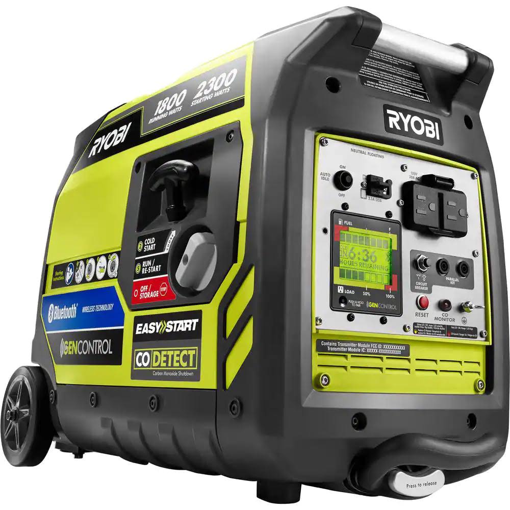 Ryobi 2,300-Watt Recoil Start Bluetooth Super Quiet Gasoline Powered Digital Inverter Generator