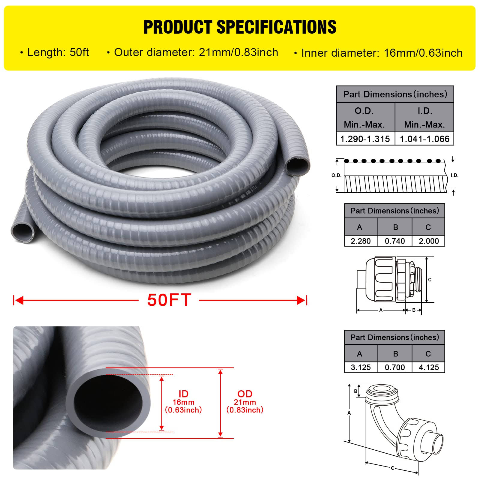 Dwale Liquid-Tight Conduit and Connector Kit,Flexible Non Metallic Liquid Tight Electrical Conduit,1/2inch 50ft Electrical Conduit Kit,With 5