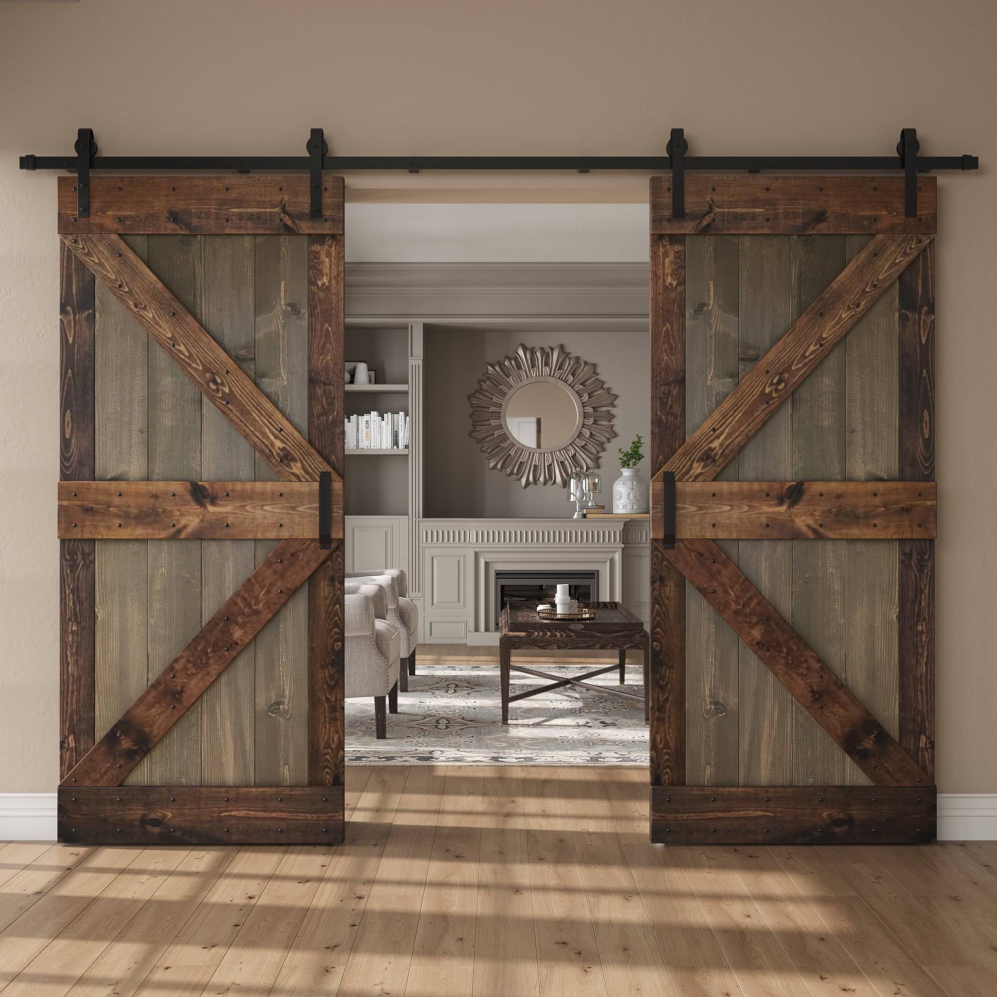 Coast Sequoia 72 in x 84 in K Series Muti-Color Knotty Pine Wood Double Sliding Barn Door with Hardware Kit (smoky Gray Kona Coffee)