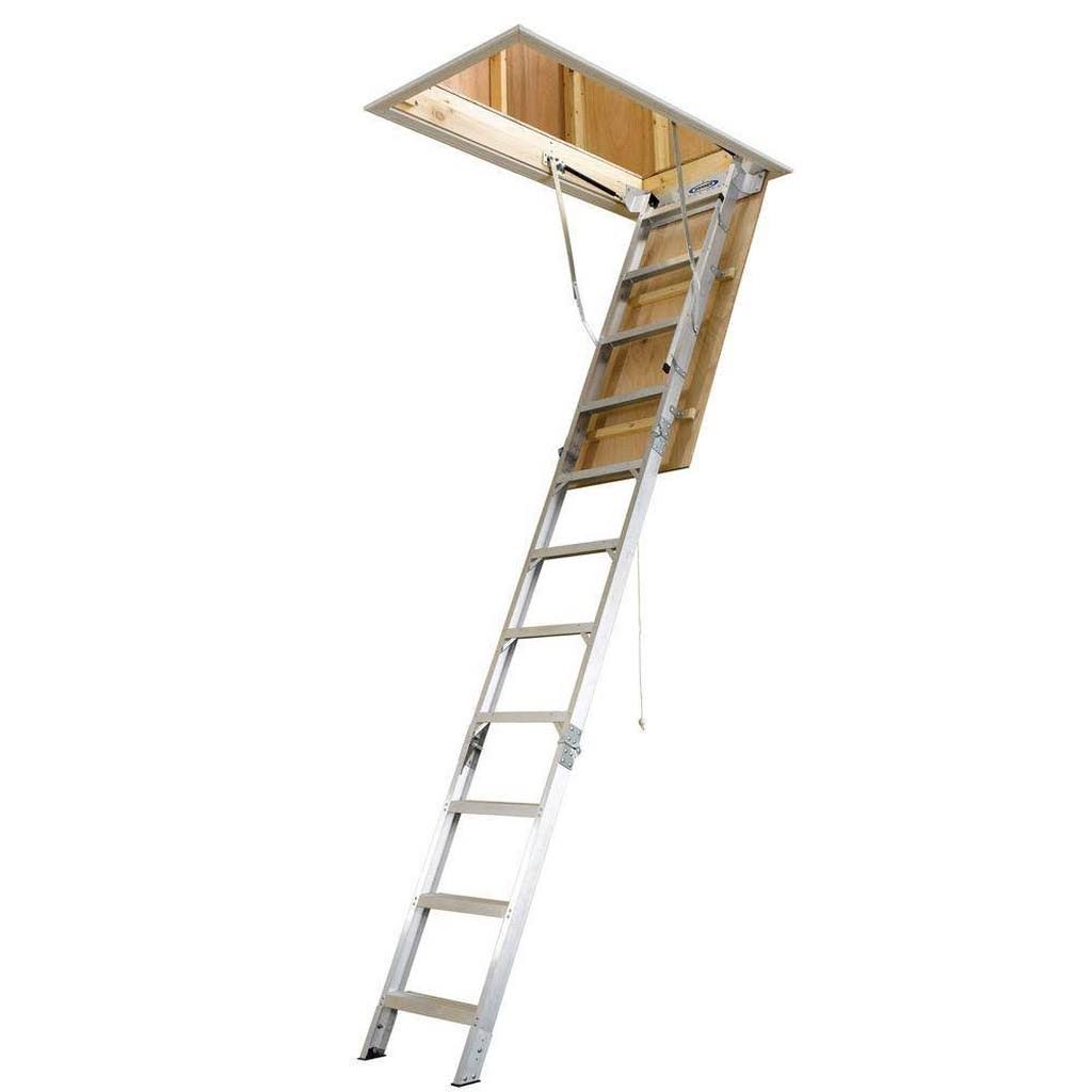 Werner 8 ft.- 10 ft. 25 in. x 54 in. Aluminum Attic Ladder with 375 lb. Load