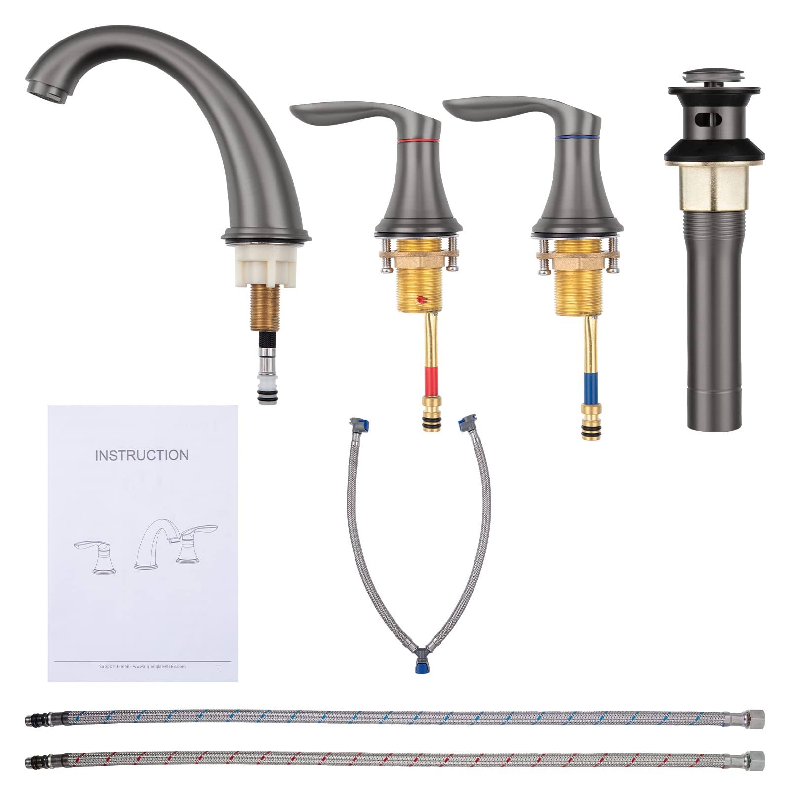 Bathroom Sink Faucet, Faucet for Bathroom Sink, Widespread Gun Grey Bathroom Faucet 3 Hole with Stainless Steel Pop Up Drain and CUPC Lead-Free Hose