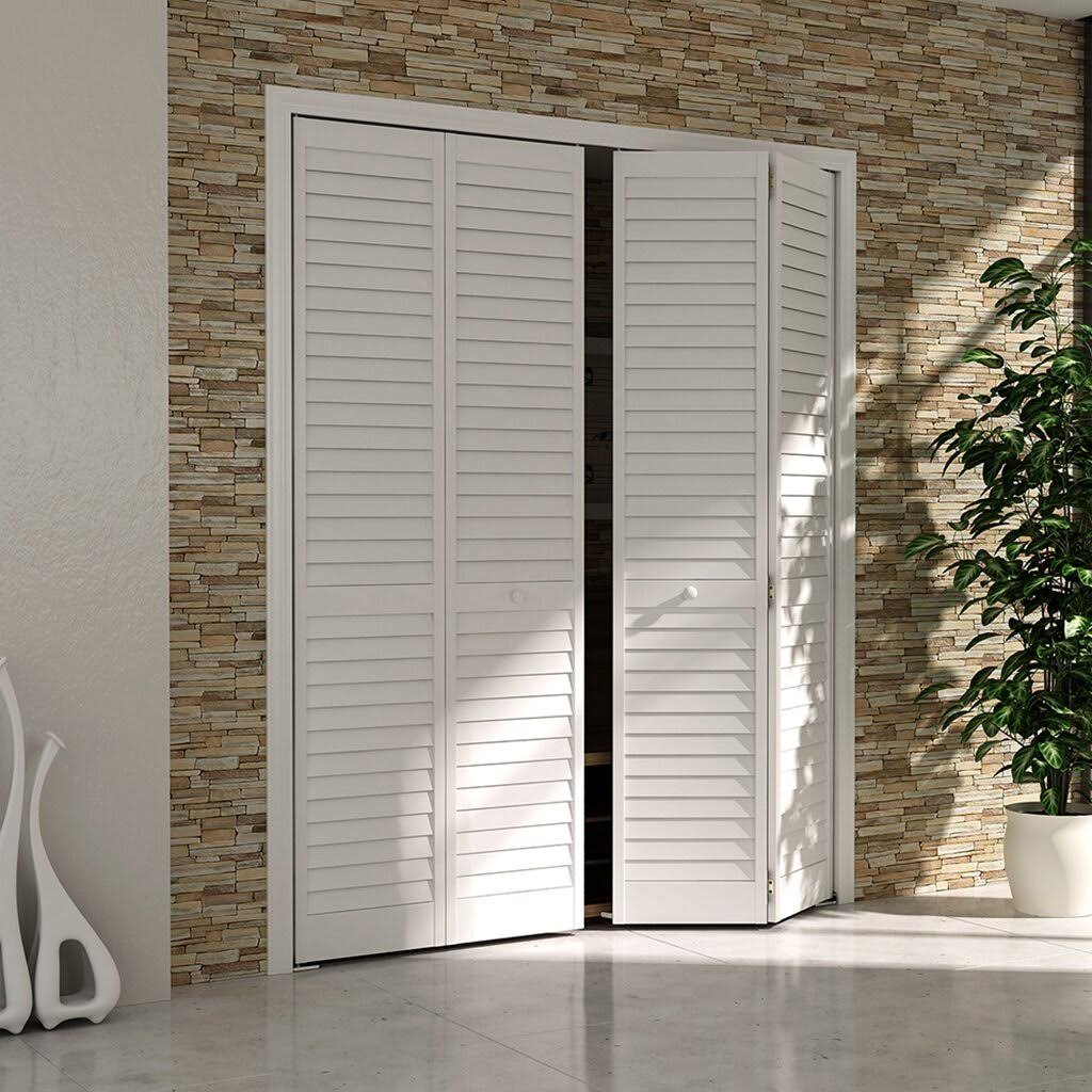 Kimberly Bay 28 in. x 80 in. Plantation Louvered Solid Core White Wood Interior Closet Bi-Fold Door