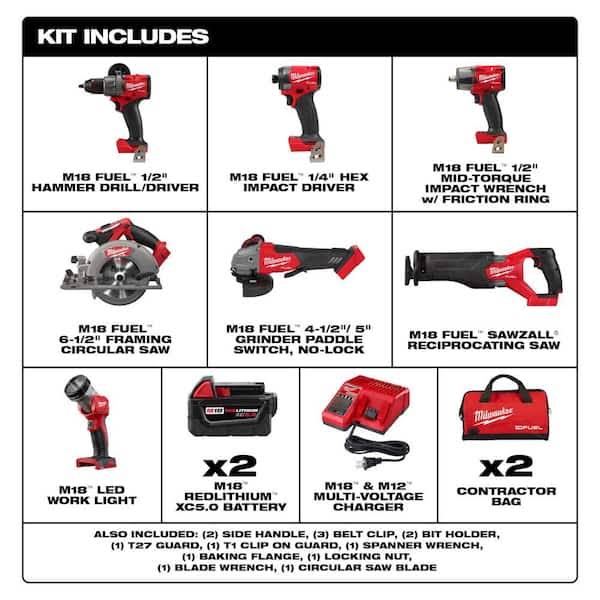 Milwaukee M18 Fuel 18V Lithium-Ion Brushless Cordless Combo Kit (7-Tool) with 1/2 in. & 3/8 in. Impact Wrenches