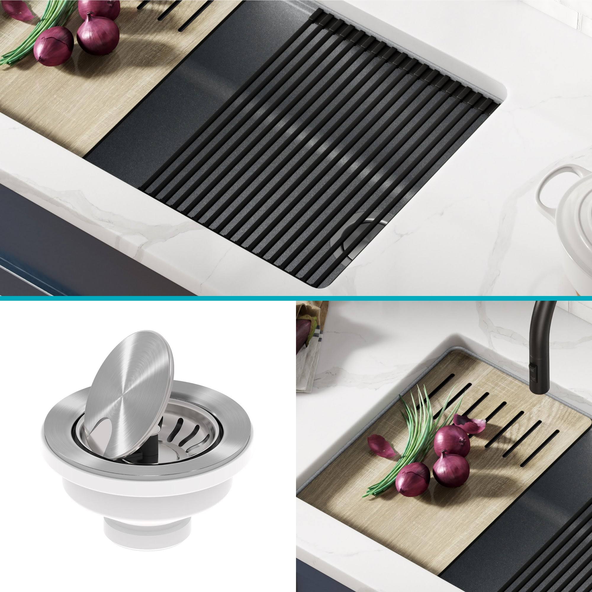 Kraus KGUW2-30MGR 30 in. Bellucci Workstation Undermount Granite Composite Single Bowl Kitchen Sink Metallic Gray