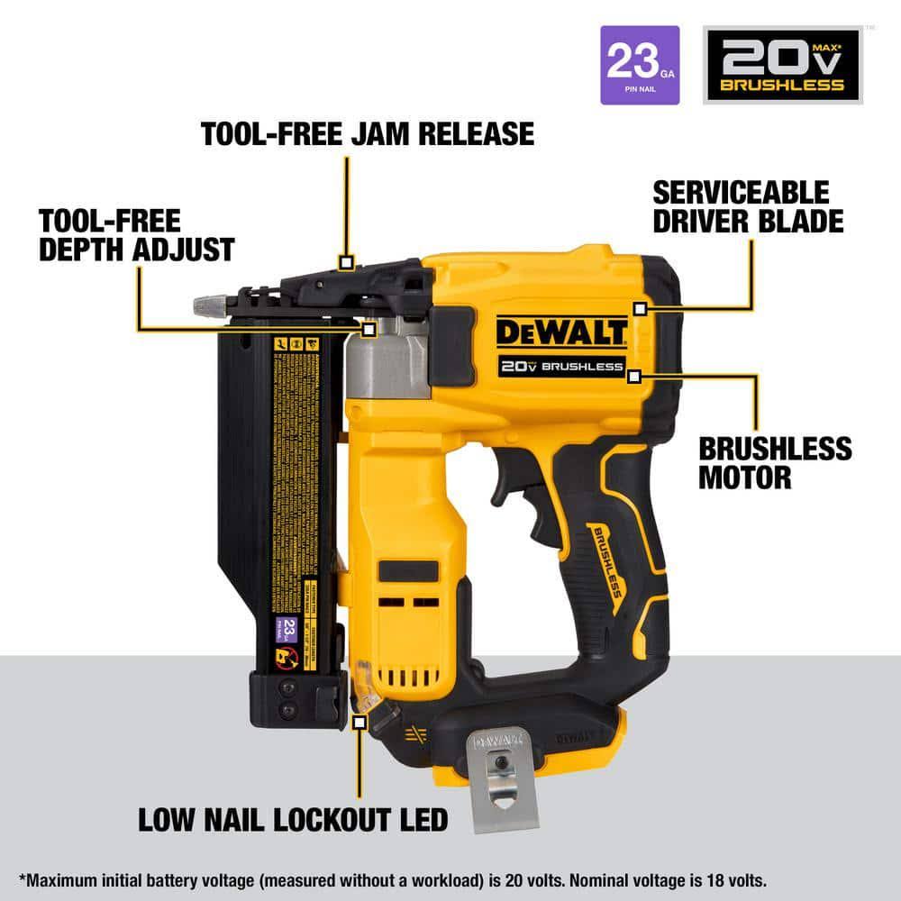 DeWalt Atomic 20V Max Lithium Ion Cordless 23 Gauge Pin Nailer Tool Only and 1 1/2 in. x 23 Gauge Pin Nails 2000 Pieces