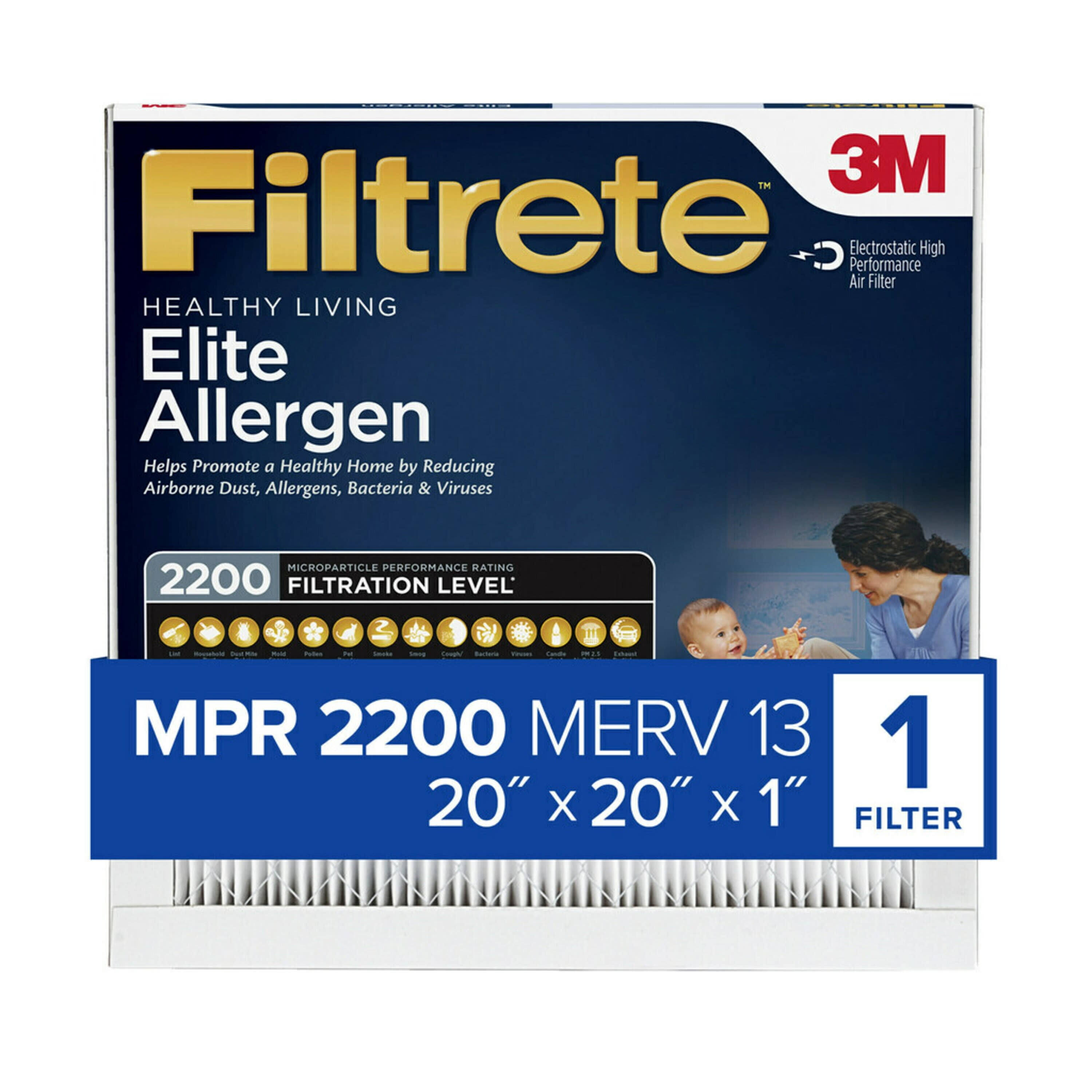 Filtrete 20x20x1 Air Filter, MPR 2200 MERV 13, Elite Allergen Reduction, 1 Filter, Size: 20 inch x 20 inch x 1 inch