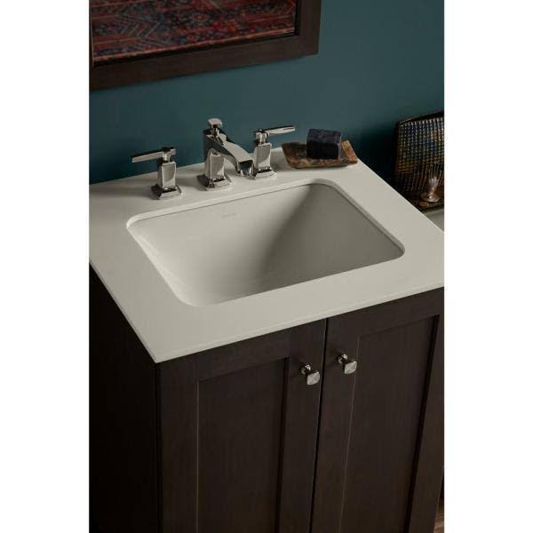 White Rectangle Undermount Bathroom Sink by Kohler Caxton.