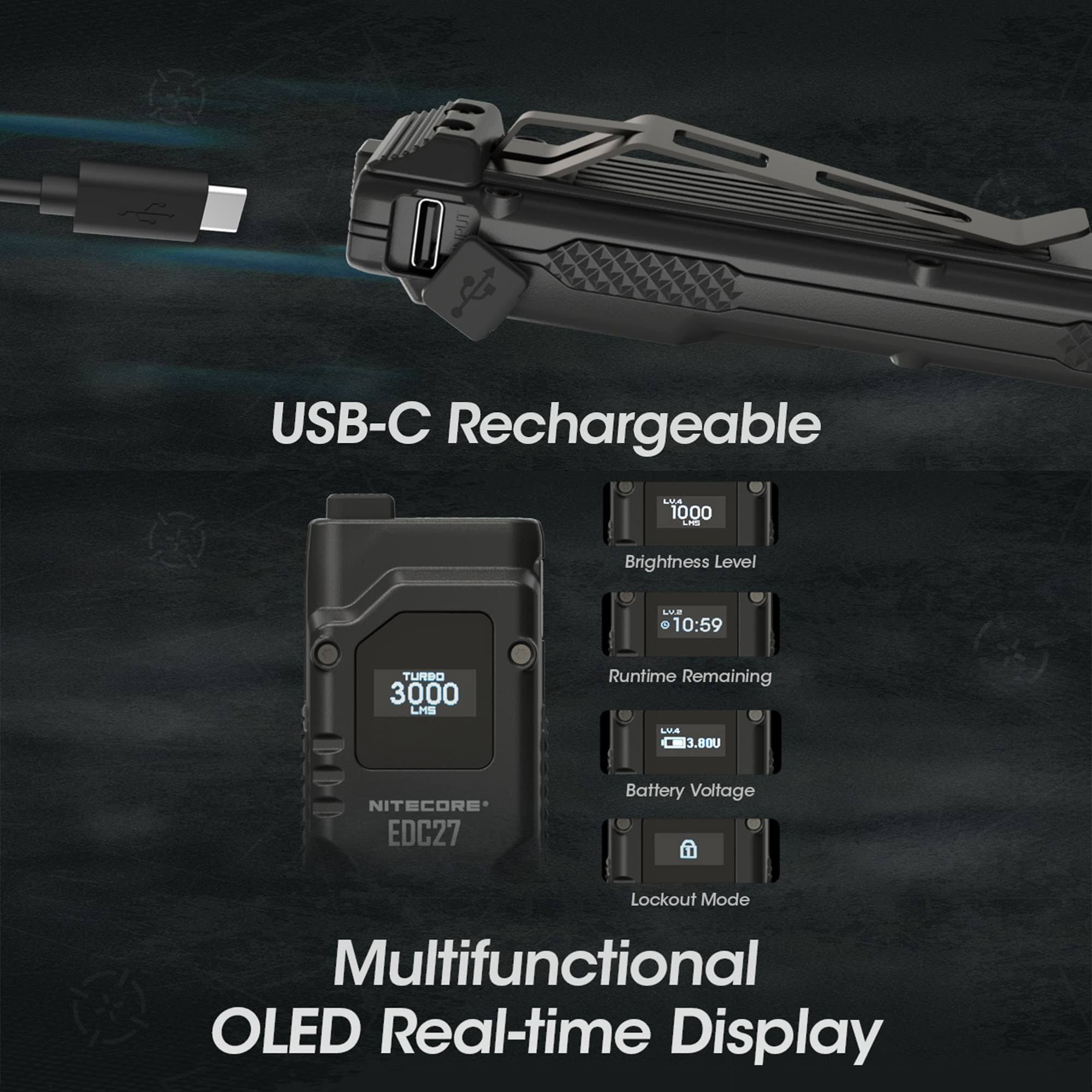 Nitecore EDC27 Flat EDC Flashlight, 3000 Lumen, USB-C Rechargeable, High Lumen Slim with Digital Display Sticker