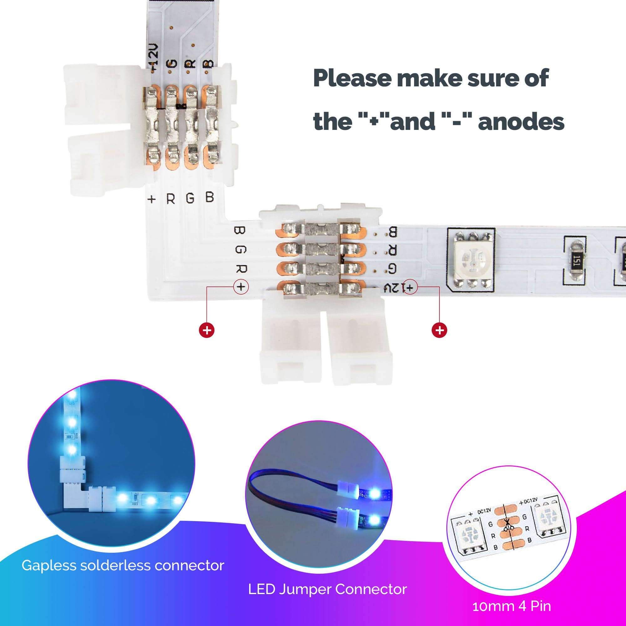 FUMENTON LED Strip Connector Kit for 5050 10mm 4Pin,Includes 8 Types of Solderless LED Strip Accessories,Provides Most Parts for DIY