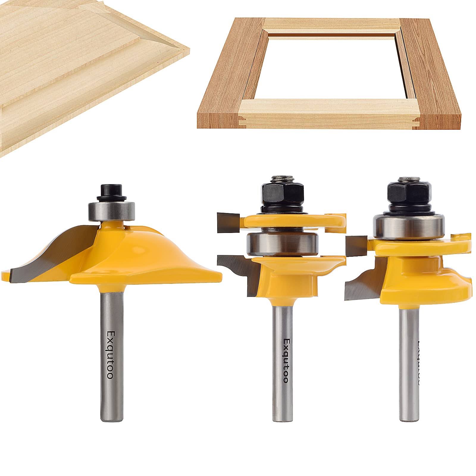Exqutoo 3pcs 1/4 inch Shank Router Bit Set,Raised Panel Cabinet Door Making Router Bits, Cemented Carbide Router Bits for Woodworking,CNC Wood