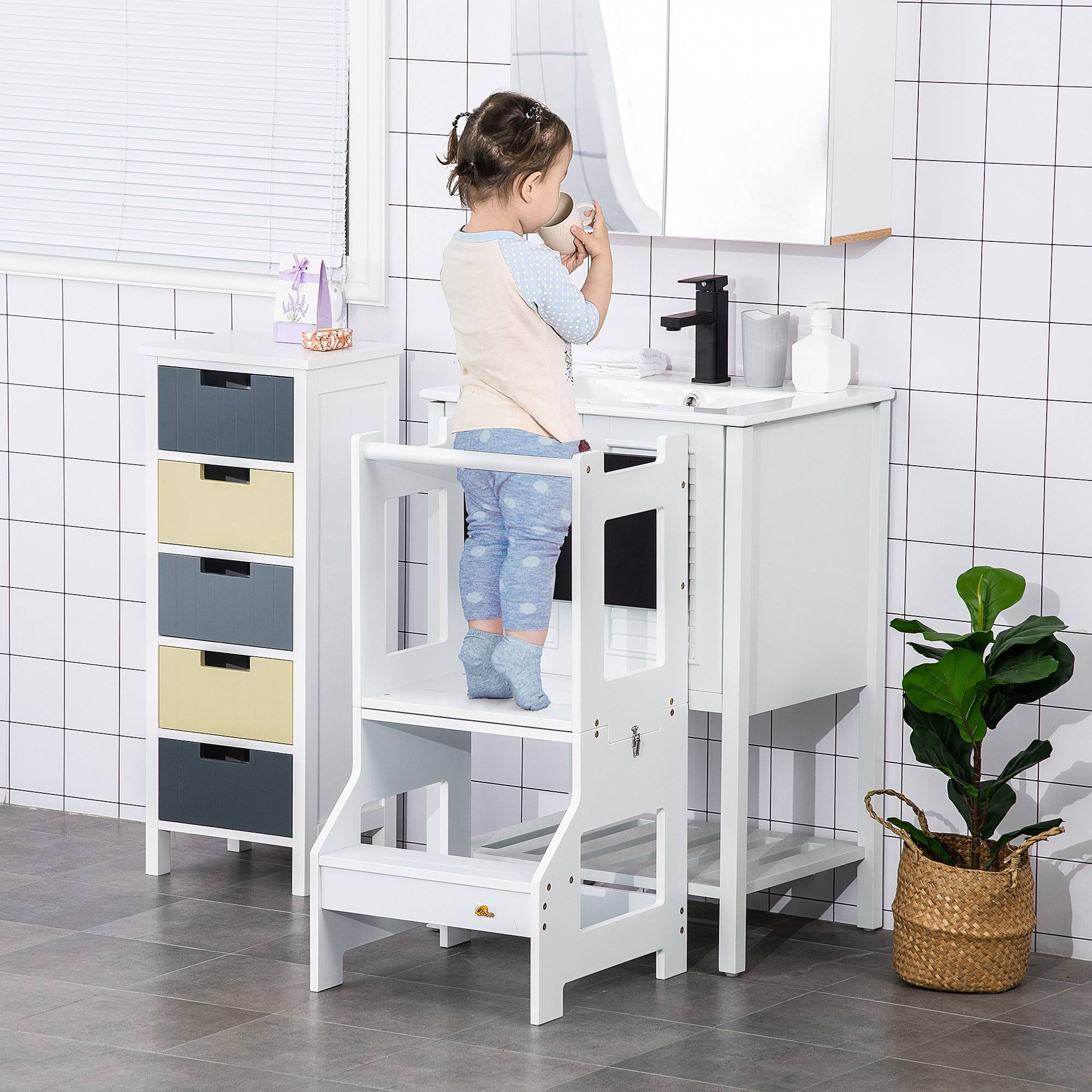 Qaba 2 in 1 Kids Kitchen Step Stool Detachable Toddler Table and Chair Set White