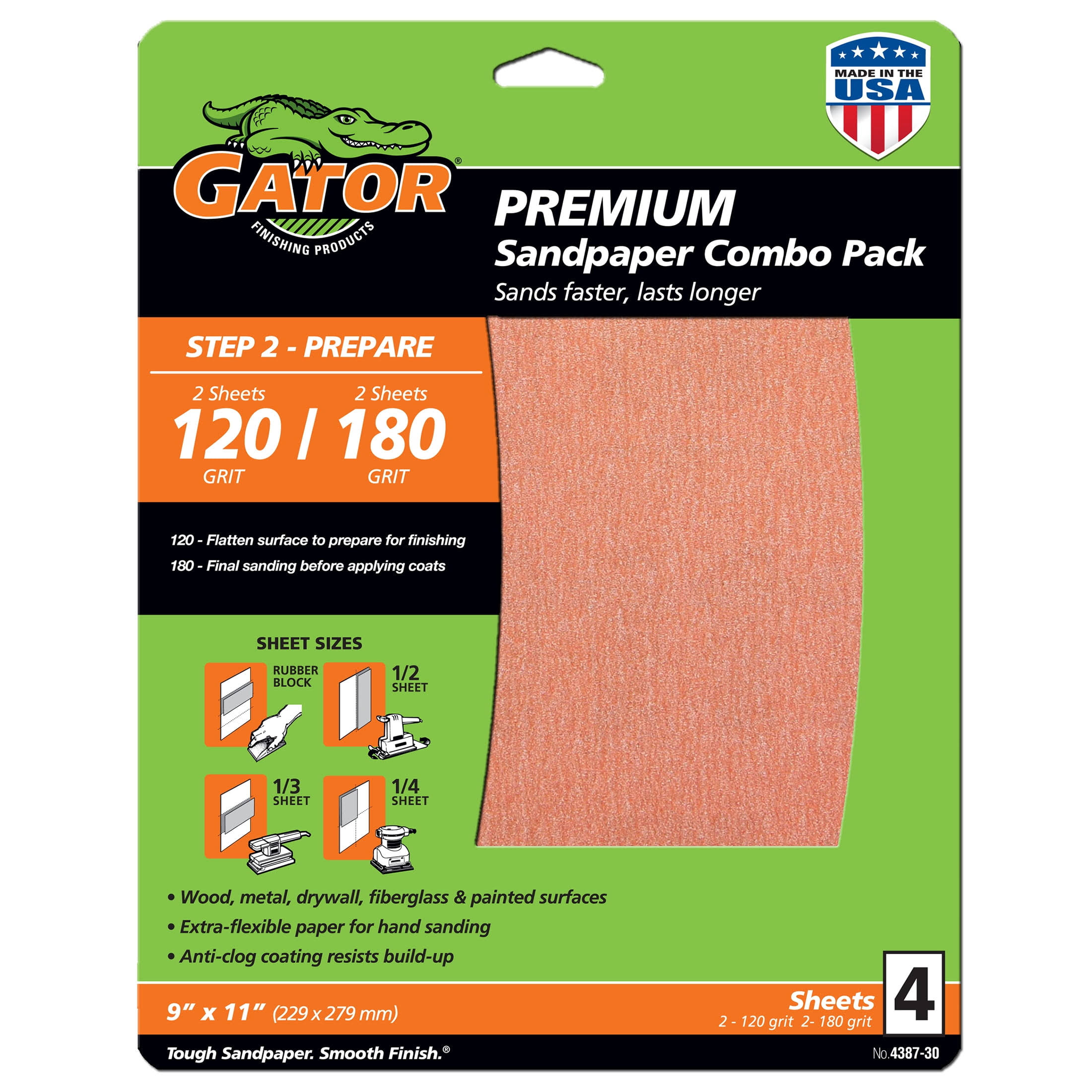 Gator Premium Multi-Surface Sanding Sheets 120/180 Grit 4 Pack, Size: 9 inch x 11 inch
