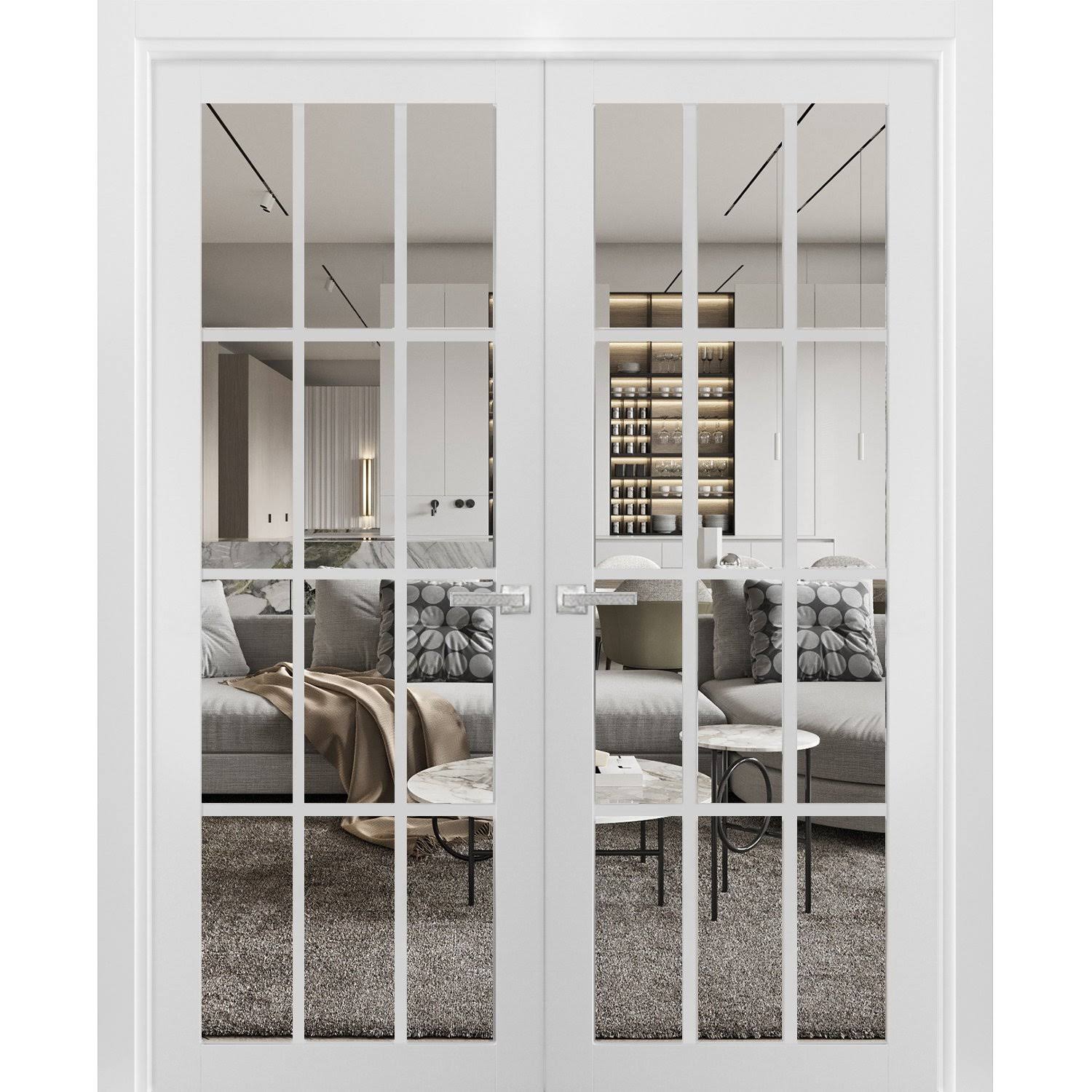 SARTODOORS Solid French Double Clear Glass Doors 12 Lites | Felicia 3355 White Silk, Size: 48 x 80