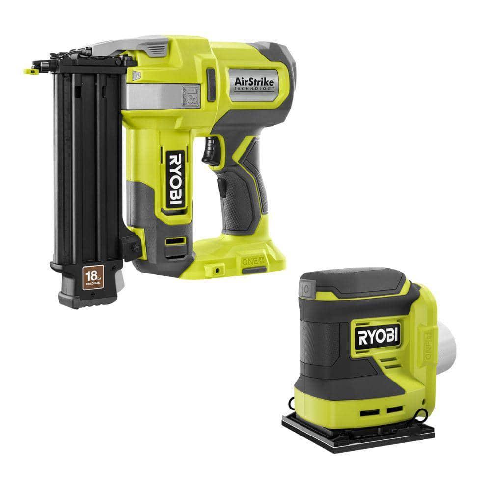 Ryobi One+ 18V 18-Gauge Cordless Airstrike Brad Nailer with Cordless 1/4 Sheet Sander (Tools Only)