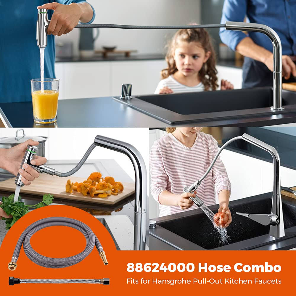 88624000 Pull-Out Hose Combo for Hansgrohe Kitchen Faucets, Pull-Down Spray Hose Replacement with Brass Connectors, 59-Inch + 10.5-inch