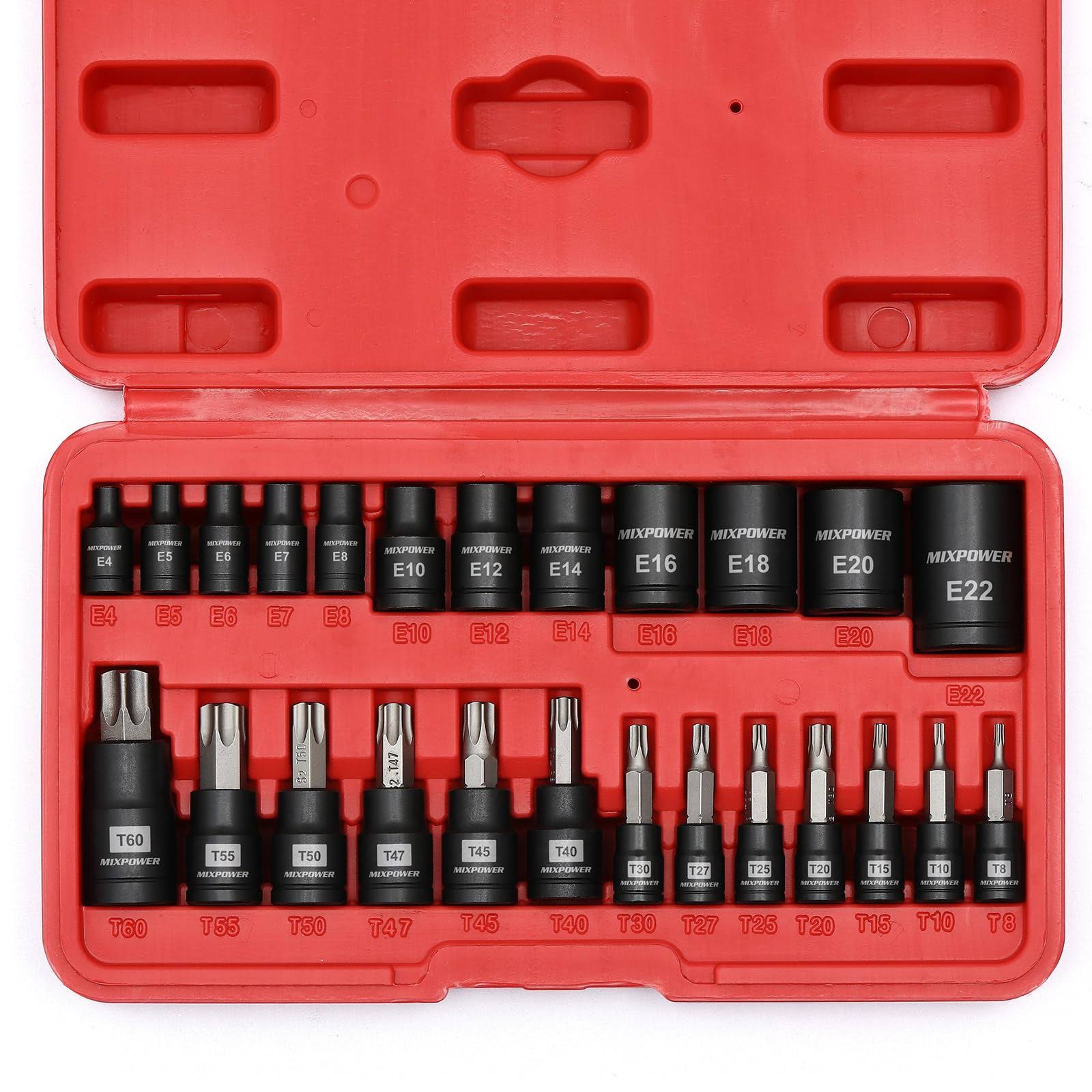 MIXPOWER 25 Piece Torx Bit Socket and Female External Socket Set, 13 Star Socket Bits (T8- T60)& 12 Female E-Torx Sockets (E4-E22), Professional