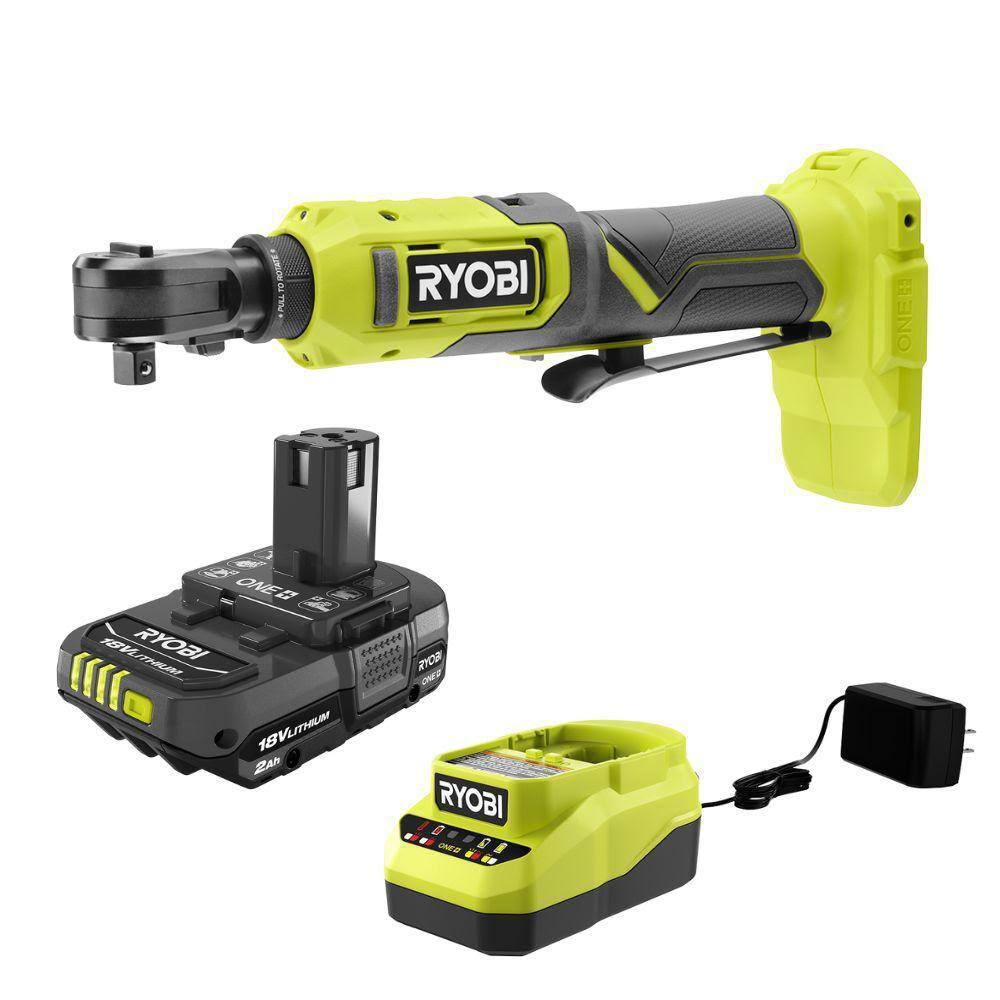 Ryobi One+ 18V Cordless Multi Size Ratchet with One+ 18V Lithium-Ion 2.0 Ah Compact Battery and Charger