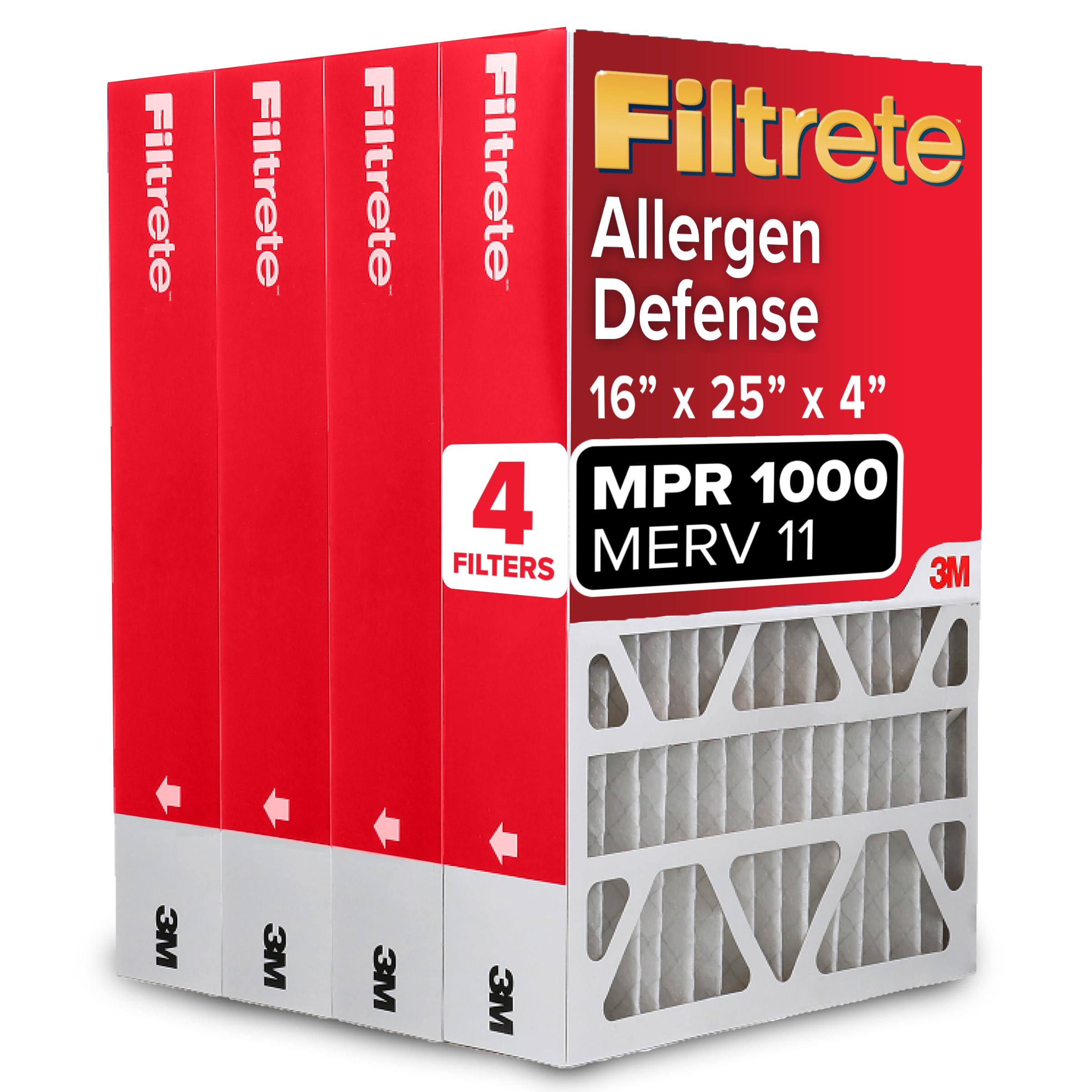 Filtrete 16x25x4 Air Filter, MPR 1000, MERV 11, Allergen Defense 12-Month Deep Pleated 4-Inch Air Filters, 4 Filters