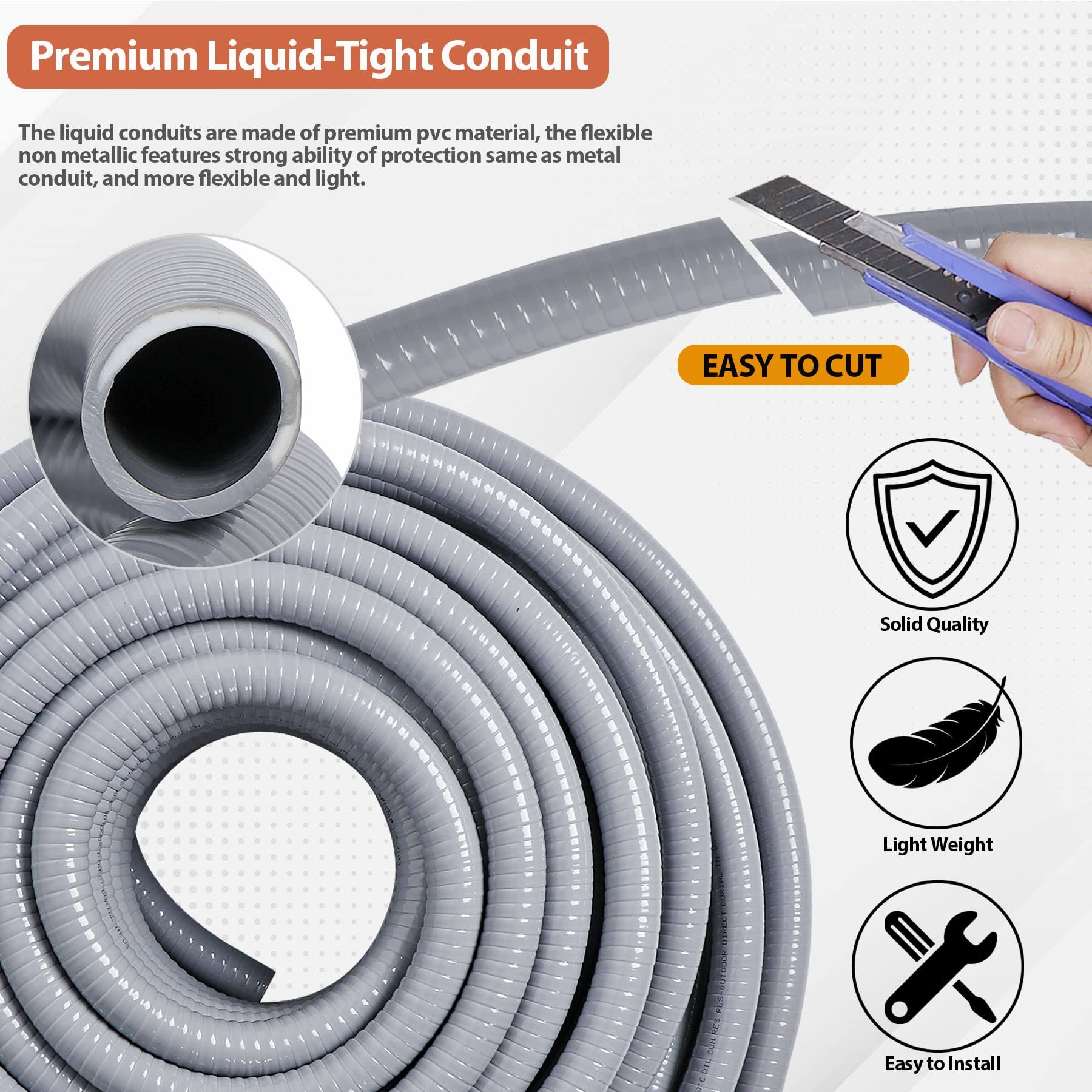 Neorexon Liquid-Tight Conduit and Connector Kit 1/2Inch 25ft, Flexible Non Metallic Liquid Tight Electrical Conduit UL Certification, Electrical