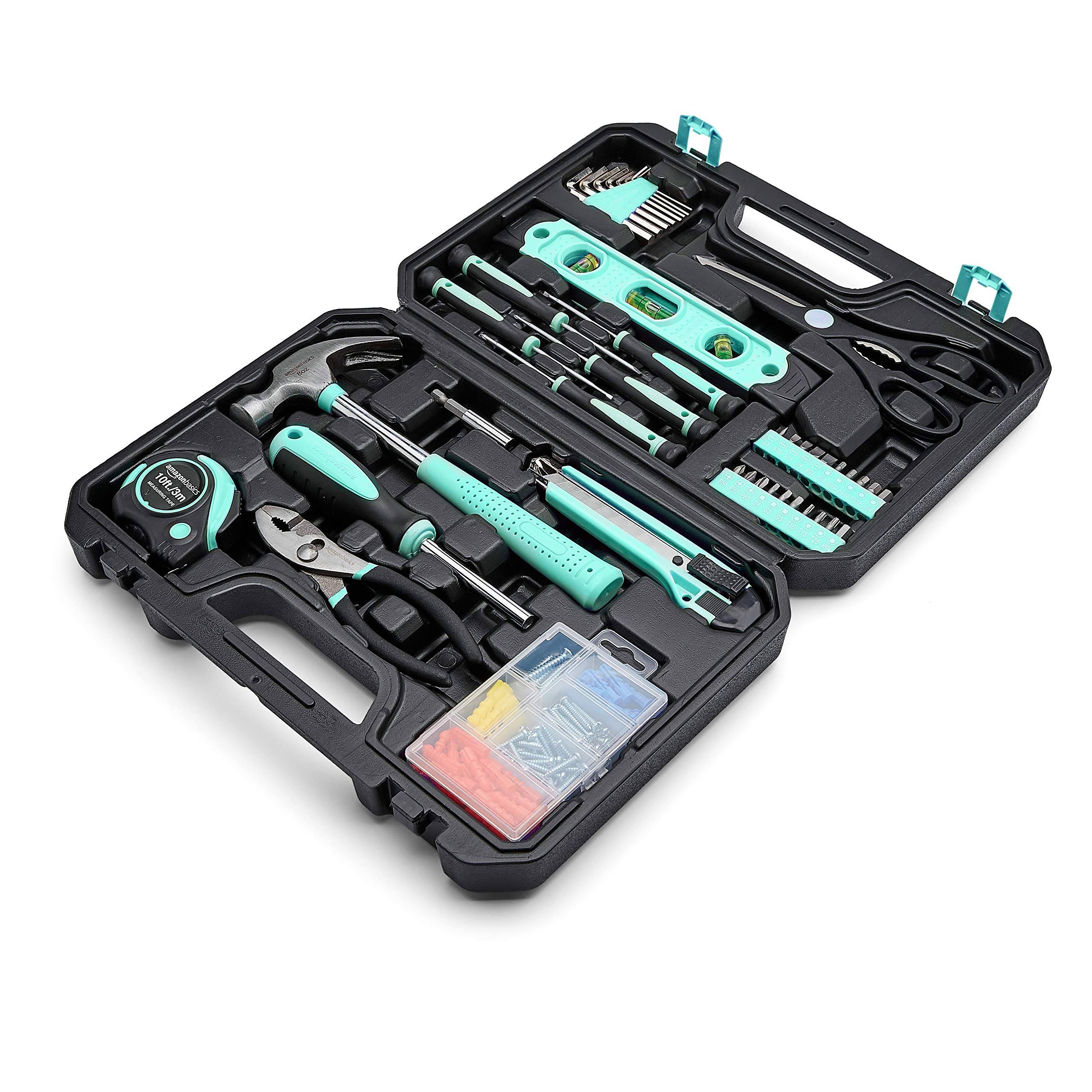 Amazon Basics Household Tool Kit with Storage Case, 142 Piece, Turquoise, 13.39 x 9.25 x 2.95 inch