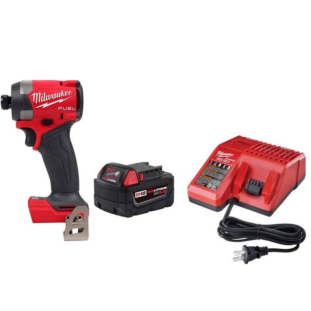 Milwaukee 48-59-1850-2953-20 M18 18-V Lithium-Ion XC Starter Kit with One 5.0Ah Battery, Charger and 1/4 in. Hex Impact Driver