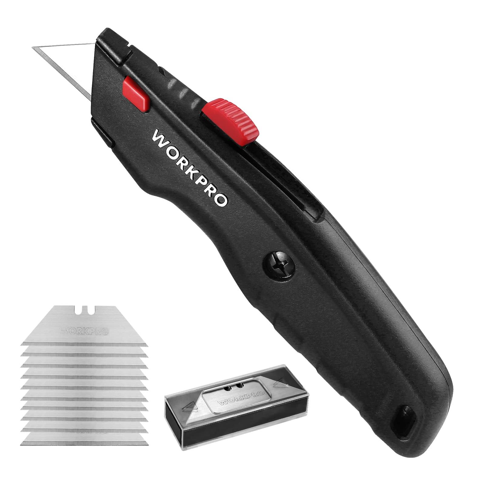 WorkPro Premium Utility Knife, 1pc Retractable All Metal Heavy Duty Box Cutter, Quick Change Blade Razor Knife, with 10 Extra Blades